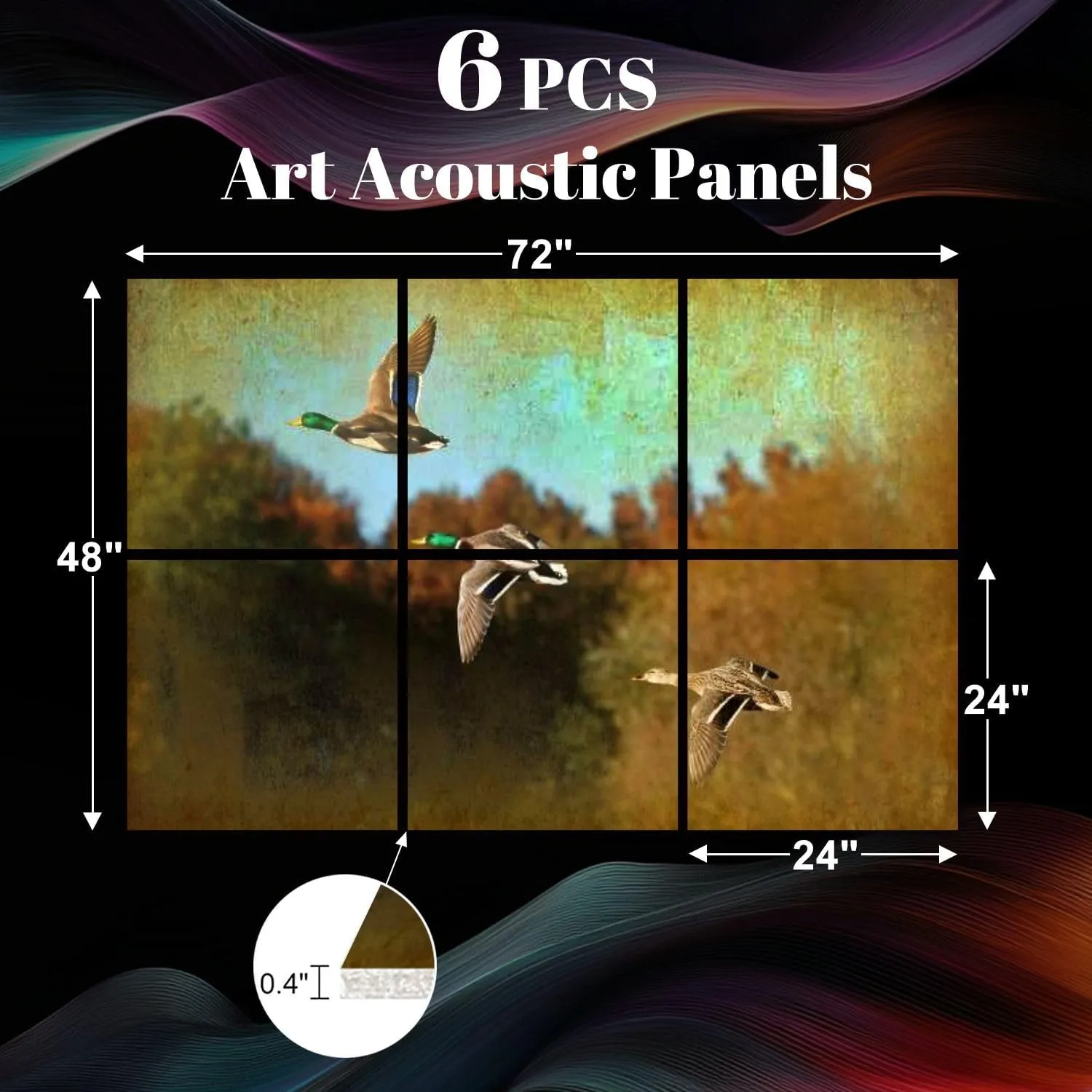 6 Pack Art Acoustic Panels gorgeous selective focus action shot three mallard Sound Absorbing Panel 48"x72" Soundproof Wall Panels Acoustic Wall Art for Studios, Office, Theaters
