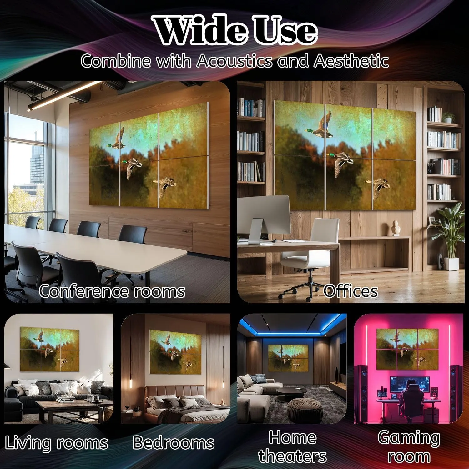 6 Pack Art Acoustic Panels gorgeous selective focus action shot three mallard Sound Absorbing Panel 48"x72" Soundproof Wall Panels Acoustic Wall Art for Studios, Office, Theaters