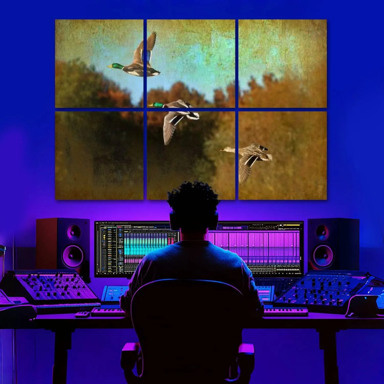 6 Pack Art Acoustic Panels gorgeous selective focus action shot three mallard Sound Absorbing Panel 48"x72" Soundproof Wall Panels Acoustic Wall Art for Studios, Office, Theaters