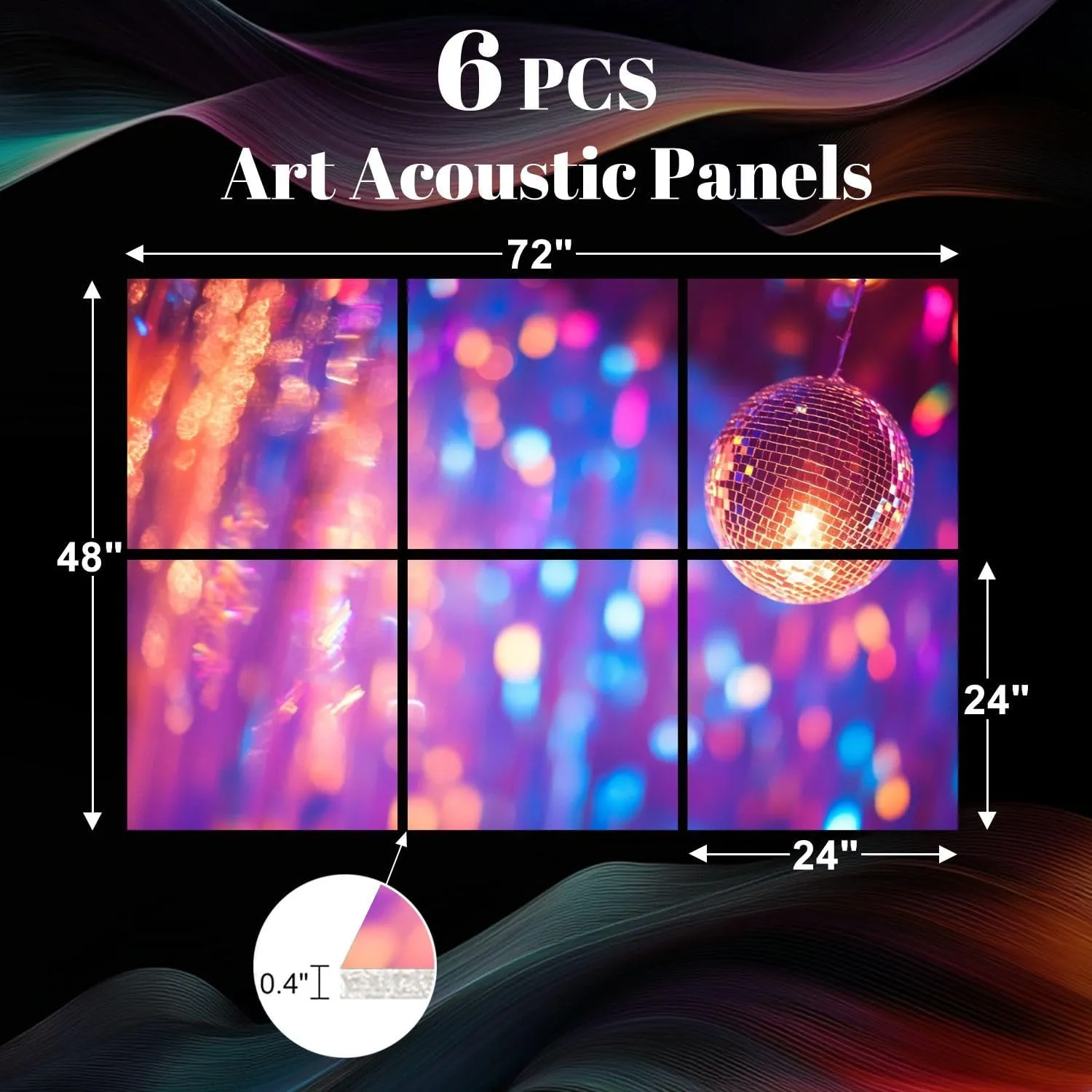 6 Pack Art Acoustic Panels Mirror Disco Ball Sparkling Bokeh Effect Festive Abstract Defocused Sound Absorbing Panel 48"x72" Soundproof Wall Panels Acoustic Wall Art for Studios, Office, Theaters