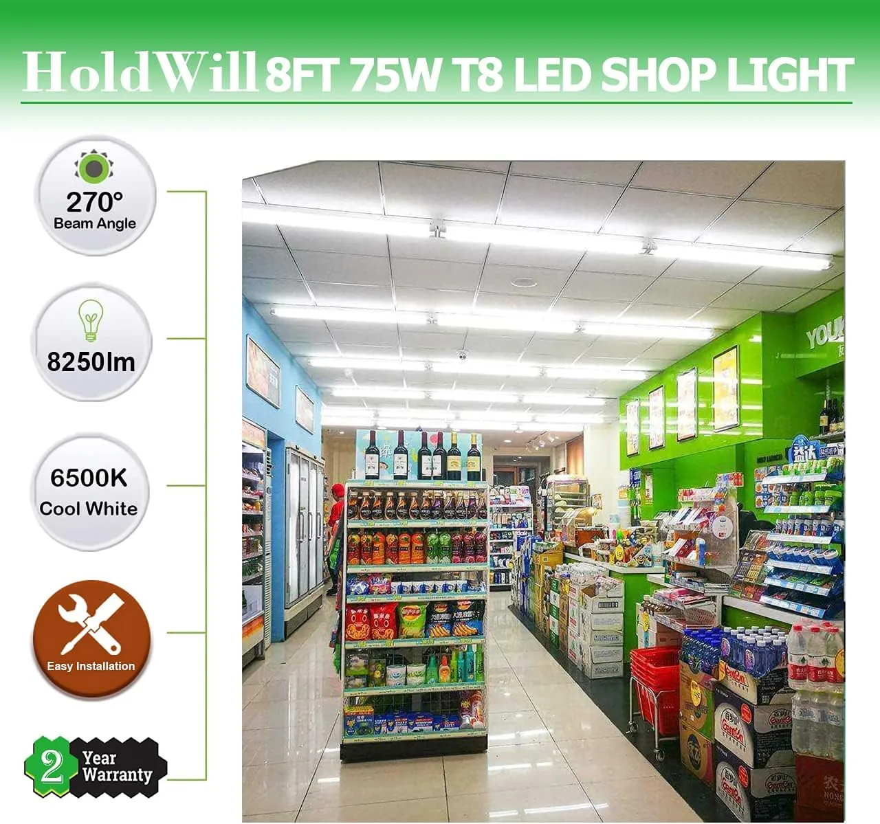 6 Pack LED Shop Light Fixture, 8FT 75W Integrated V Shaped Tube Light,Linkable White Daylight 6000k Garage Lights, Indoor Shop Lights for Workshop with On/Off Switch Cable Clear Cover