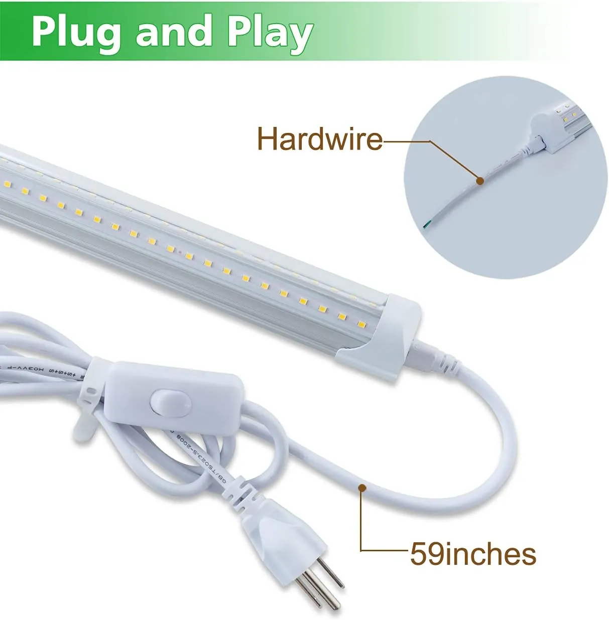 6 Pack T8 Led 2FT 24W Integrated V Shaped Tube Light,Linkable Under Cabinet Lamp, White Daylight 6000k Garage Lights, Indoor Shop Lights for Workshop,On/Off Switch Cable Clear Cover
