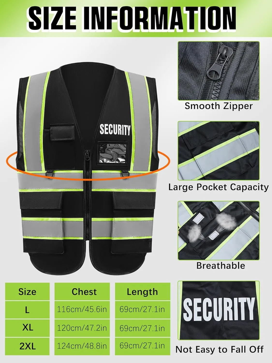 6 Pcs Black Security Vest for Security Mens Guard with 4 Pocket Reflective Safety Vest for Men Bodyguard