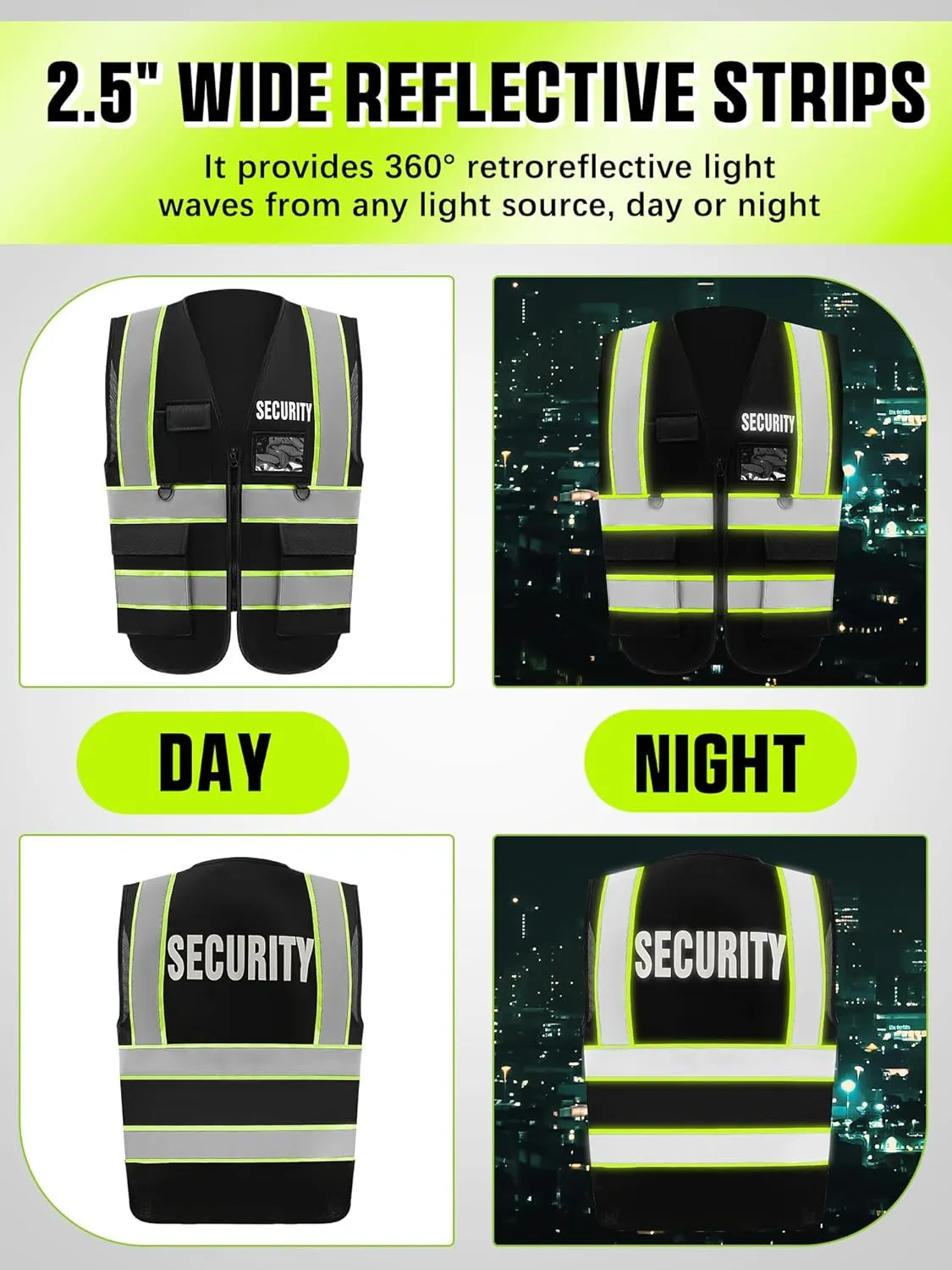 6 Pcs Black Security Vest for Security Mens Guard with 4 Pocket Reflective Safety Vest for Men Bodyguard
