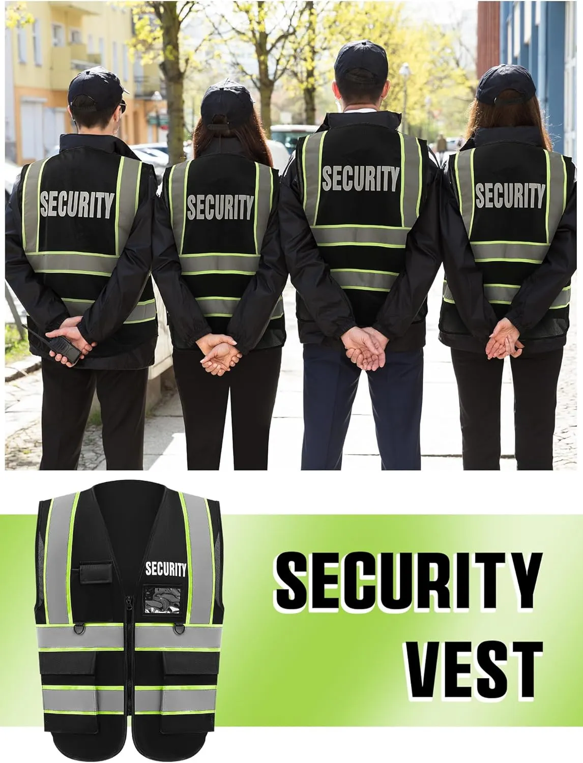 6 Pcs Black Security Vest for Security Mens Guard with 4 Pocket Reflective Safety Vest for Men Bodyguard