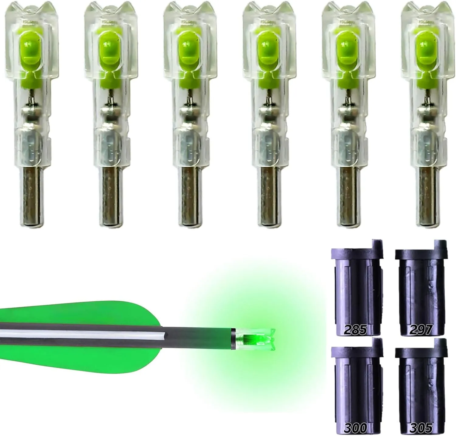 6PCS Lighted Nocks for Crossbow Arrows, with 0.285/0.297/0.300/0.305 in Adapter, Bushings with ON/Off Switch LED Arrow Nocks