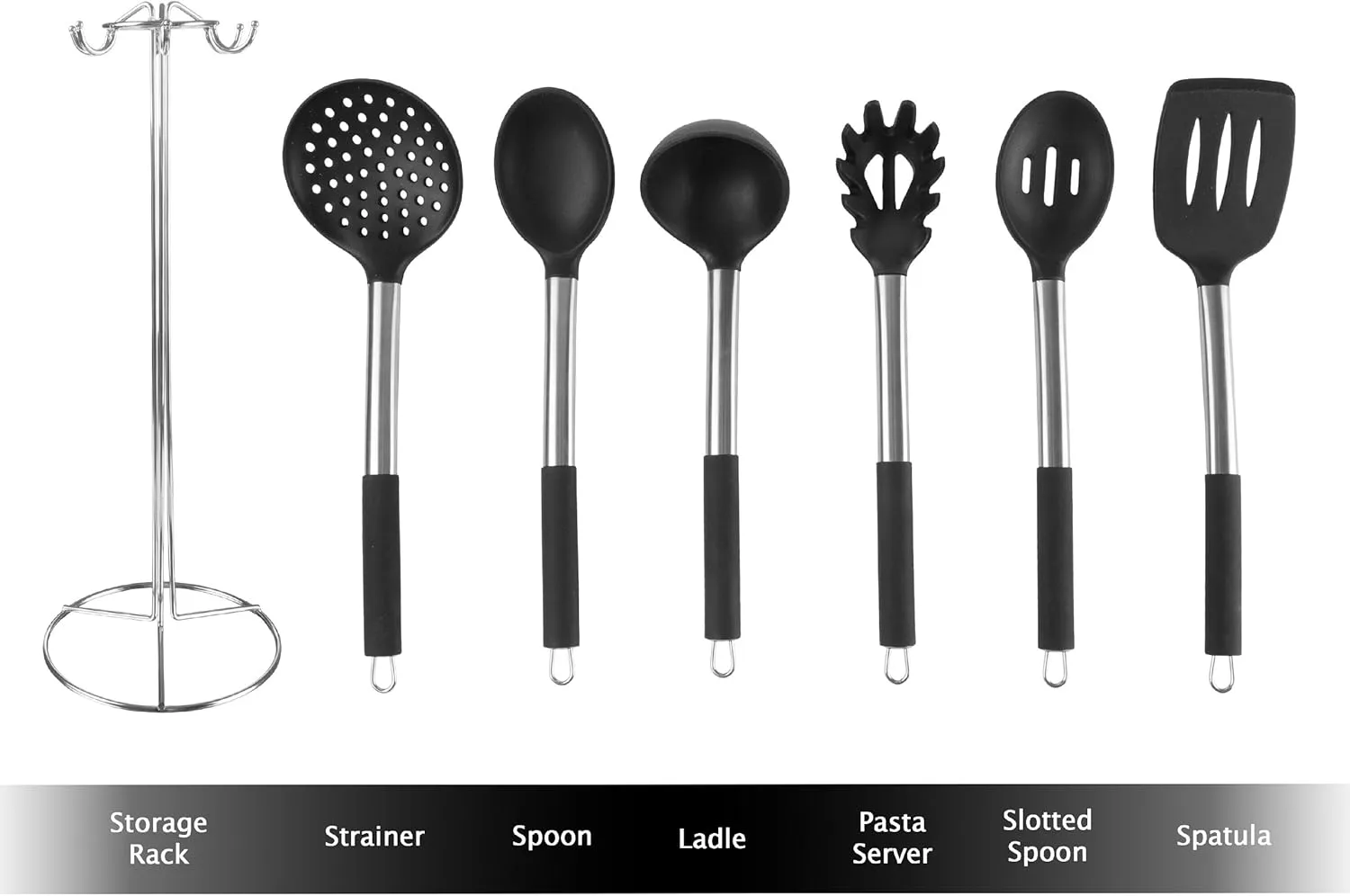 7-Piece Cooking Utensils Set - Stainless-Steel and Silicone Kitchen Tools and Holder - Heat Resistant and Nonstick Set by Classic Cuisine (Silver)