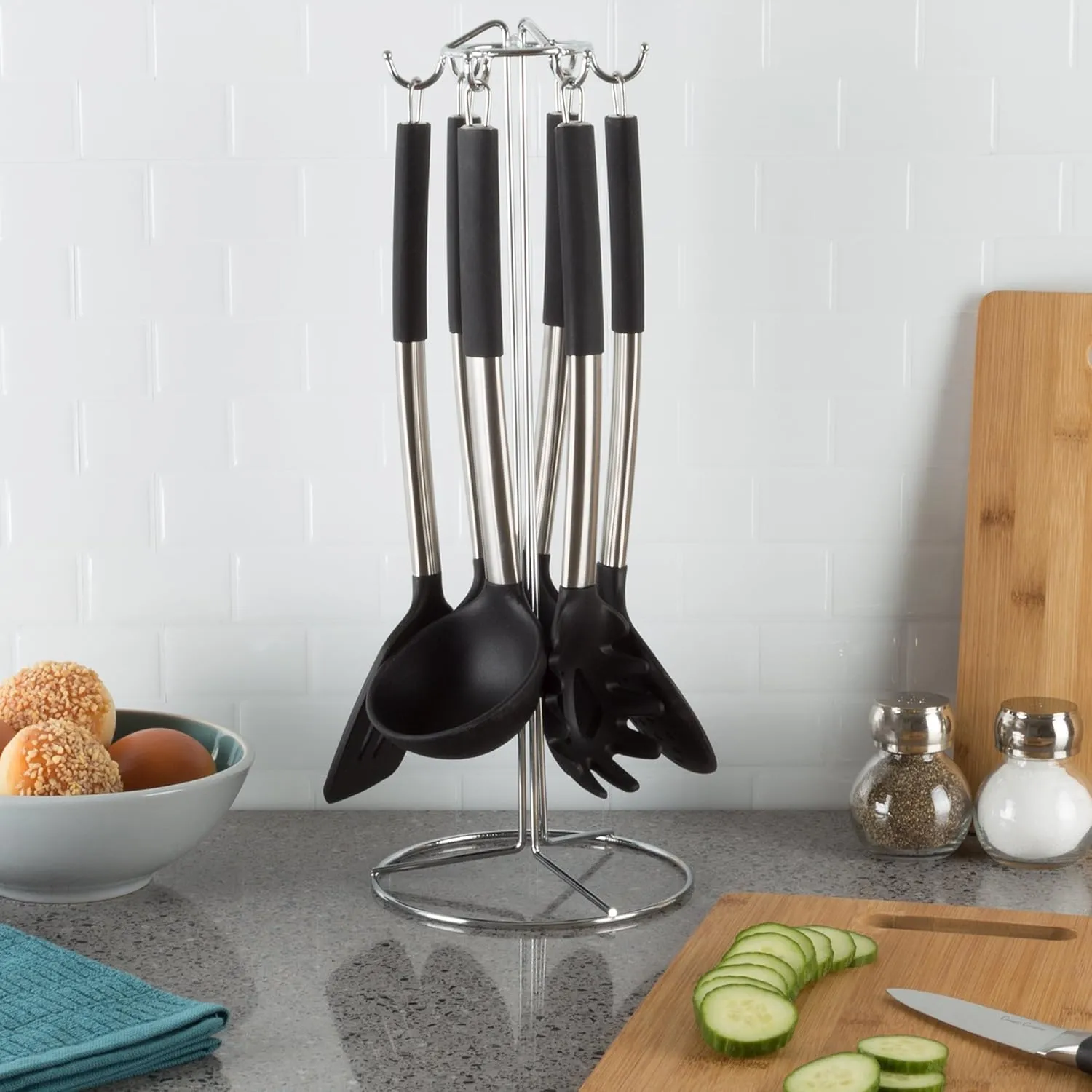 7-Piece Cooking Utensils Set - Stainless-Steel and Silicone Kitchen Tools and Holder - Heat Resistant and Nonstick Set by Classic Cuisine (Silver)