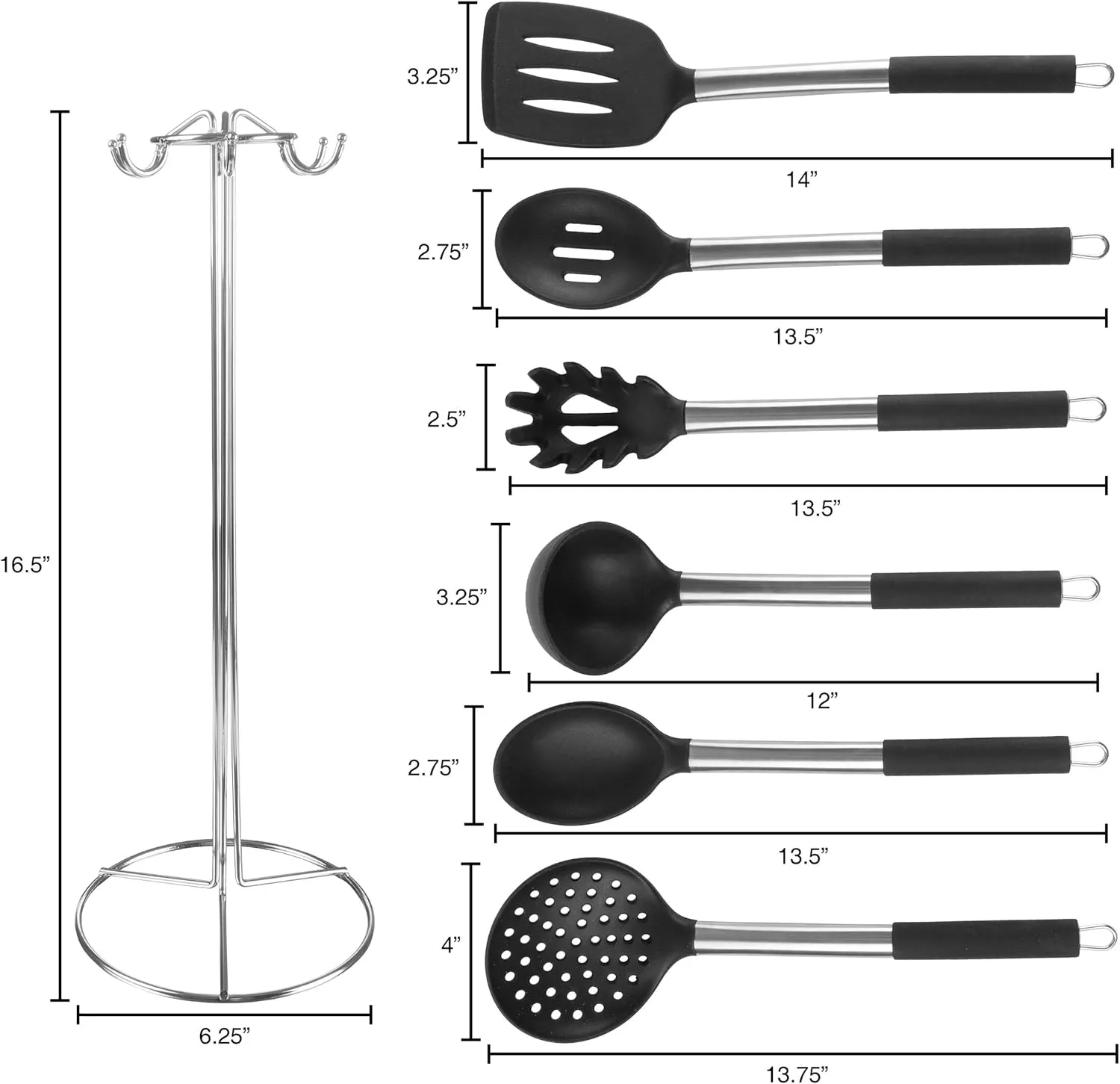 7-Piece Cooking Utensils Set - Stainless-Steel and Silicone Kitchen Tools and Holder - Heat Resistant and Nonstick Set by Classic Cuisine (Silver)