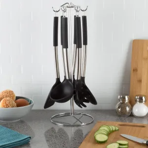 7-Piece Cooking Utensils Set - Stainless-Steel and Silicone Kitchen Tools and Holder - Heat Resistant and Nonstick Set by Classic Cuisine (Silver)