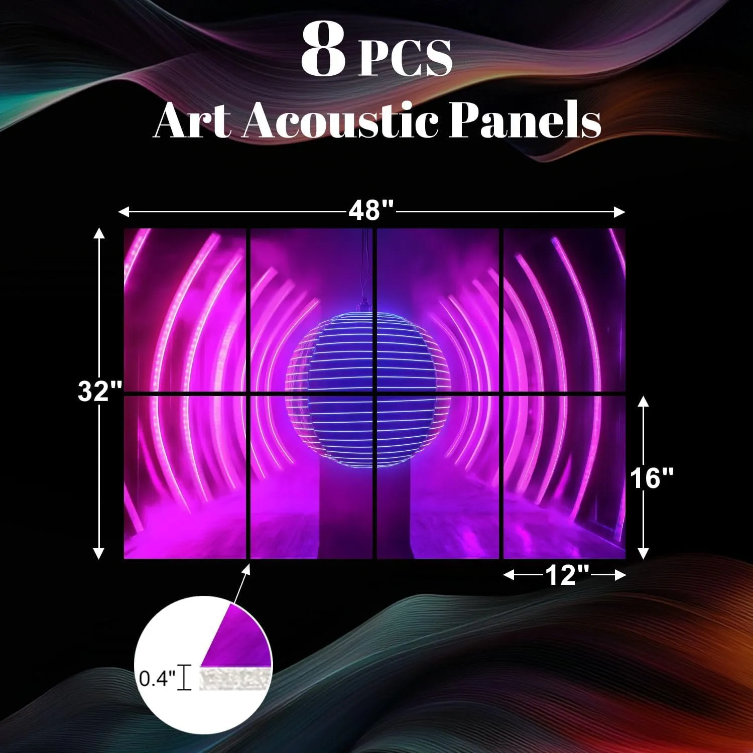 8 Pack Art Acoustic Panels Disco Ball Neon Party Lights Sound Absorbing Panel 32"x48" Soundproof Wall Panels Acoustic Wall Art for Studios, Office, Theaters