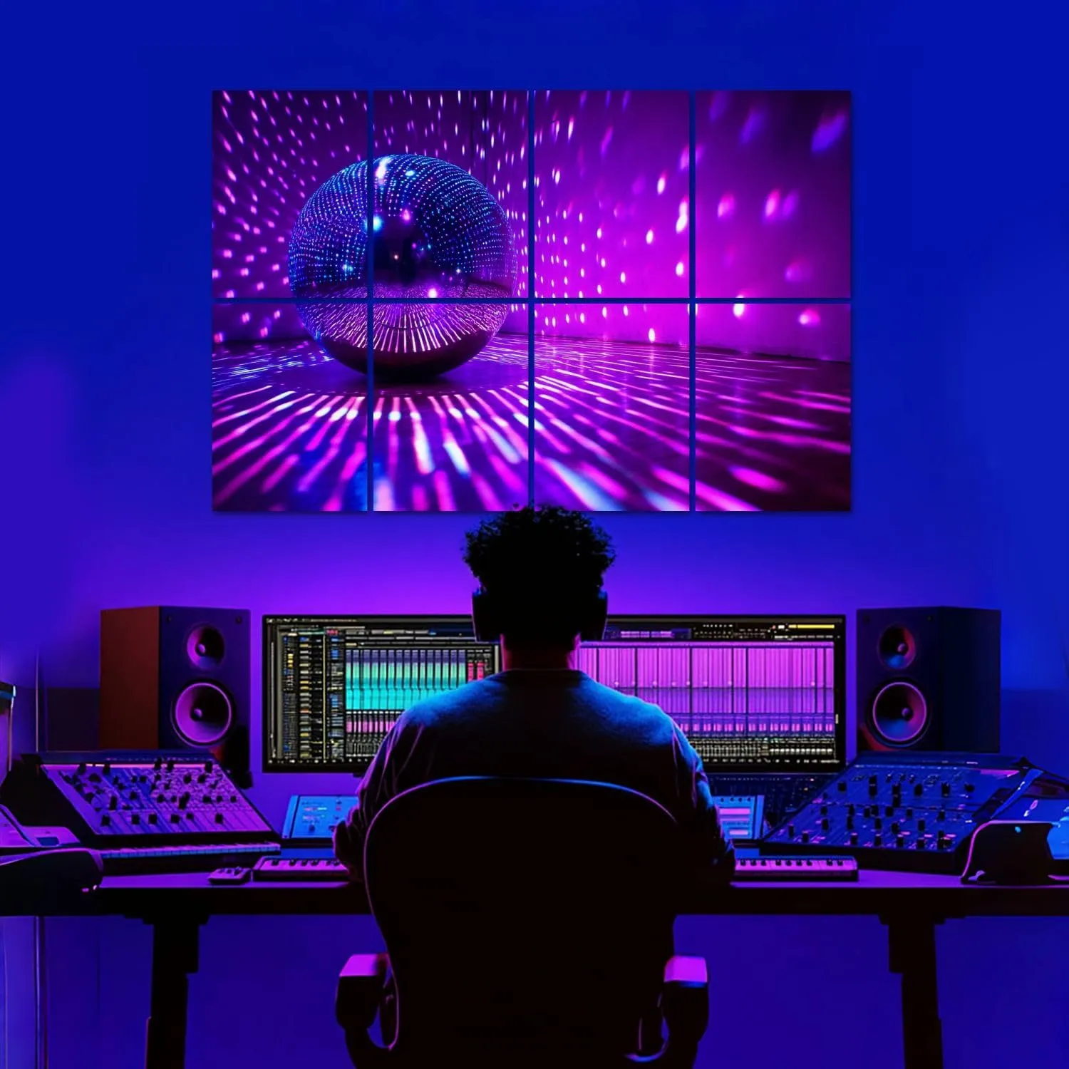8 Pack Art Acoustic Panels Disco ball reflecting violet light dark hall Sound Absorbing Panel 32"x48" Soundproof Wall Panels Acoustic Wall Art for Studios, Office, Theaters