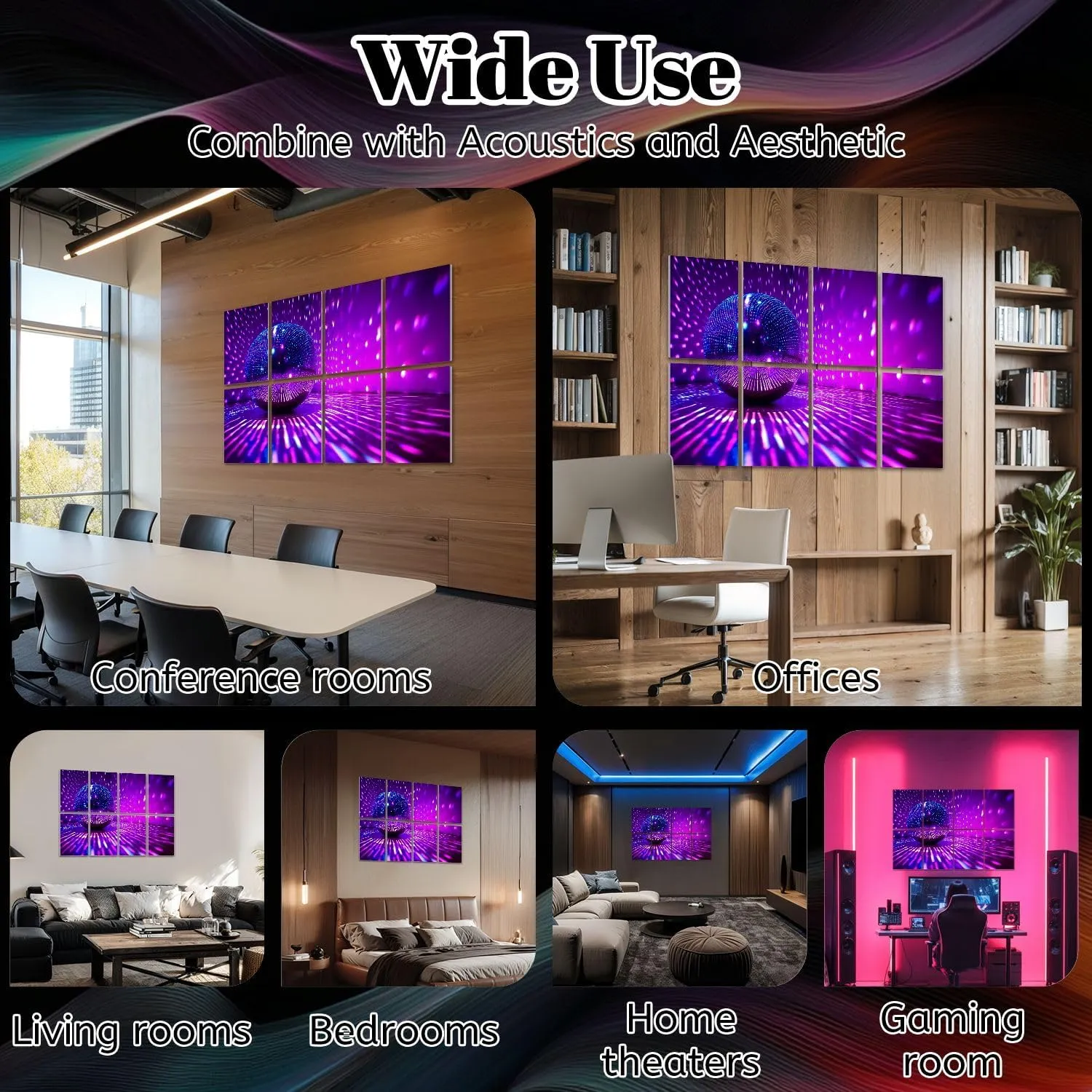 8 Pack Art Acoustic Panels Disco ball reflecting violet light dark hall Sound Absorbing Panel 32"x48" Soundproof Wall Panels Acoustic Wall Art for Studios, Office, Theaters