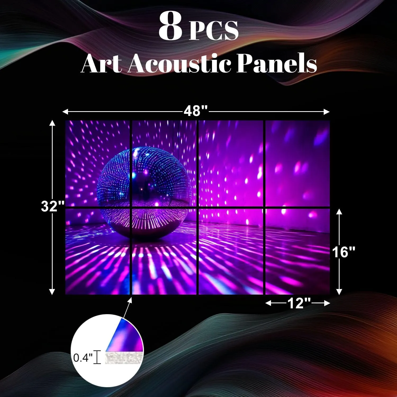 8 Pack Art Acoustic Panels Disco ball reflecting violet light dark hall Sound Absorbing Panel 32"x48" Soundproof Wall Panels Acoustic Wall Art for Studios, Office, Theaters
