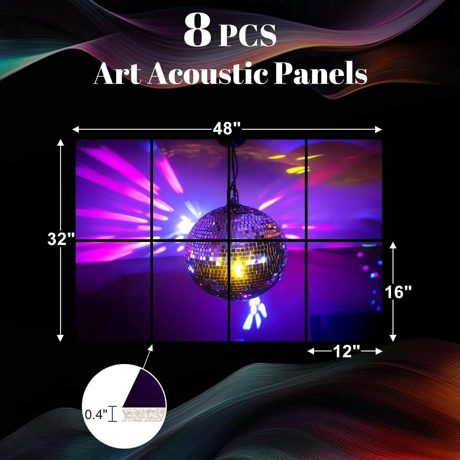8 Pack Art Acoustic Panels Disco Ball Sound Absorbing Panel 32"x48" Soundproof Wall Panels Acoustic Wall Art for Studios, Office, Theaters