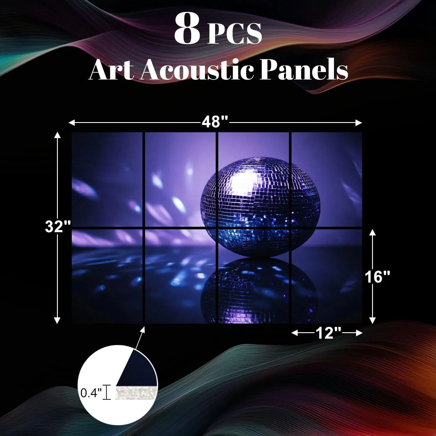 8 Pack Art Acoustic Panels Disco Ball Sound Absorbing Panel 32"x48" Soundproof Wall Panels Acoustic Wall Art for Studios, Office, Theaters