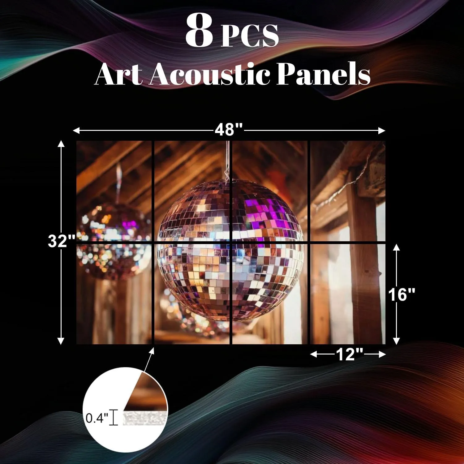8 Pack Art Acoustic Panels Disco balls hanging from ceiling wedding Sound Absorbing Panel 32"x48" Soundproof Wall Panels Acoustic Wall Art for Studios, Office, Theaters