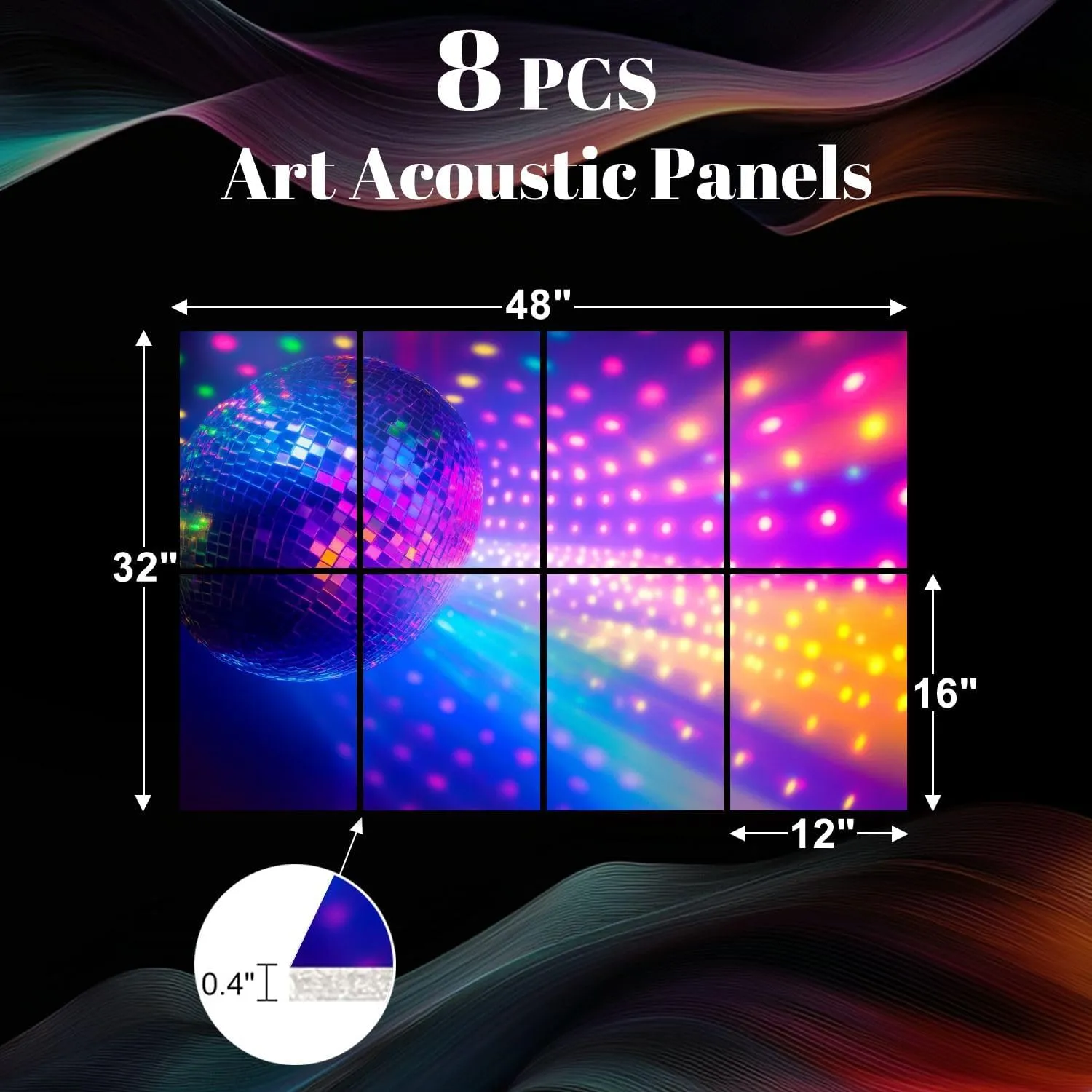 8 Pack Art Acoustic Panels Disco Sound Absorbing Panel 32"x48" Soundproof Wall Panels Acoustic Wall Art for Studios, Office, Theaters