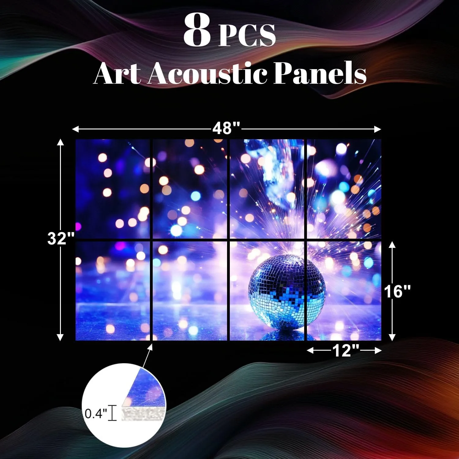 8 Pack Art Acoustic Panels Party decoration disco balls fire sparkler Sound Absorbing Panel 32"x48" Soundproof Wall Panels Acoustic Wall Art for Studios, Office, Theaters