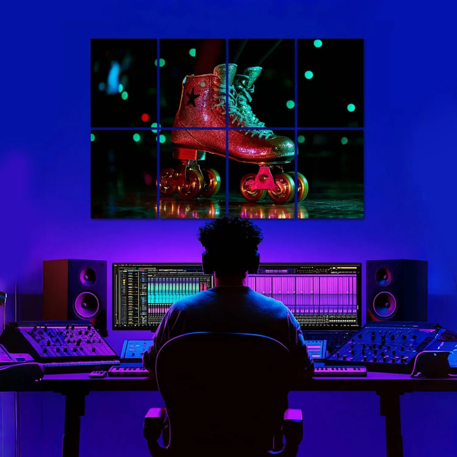 8 Pack Art Acoustic Panels Roller skates disco light dance floor Sound Absorbing Panel 32"x48" Soundproof Wall Panels Acoustic Wall Art for Studios, Office, Theaters