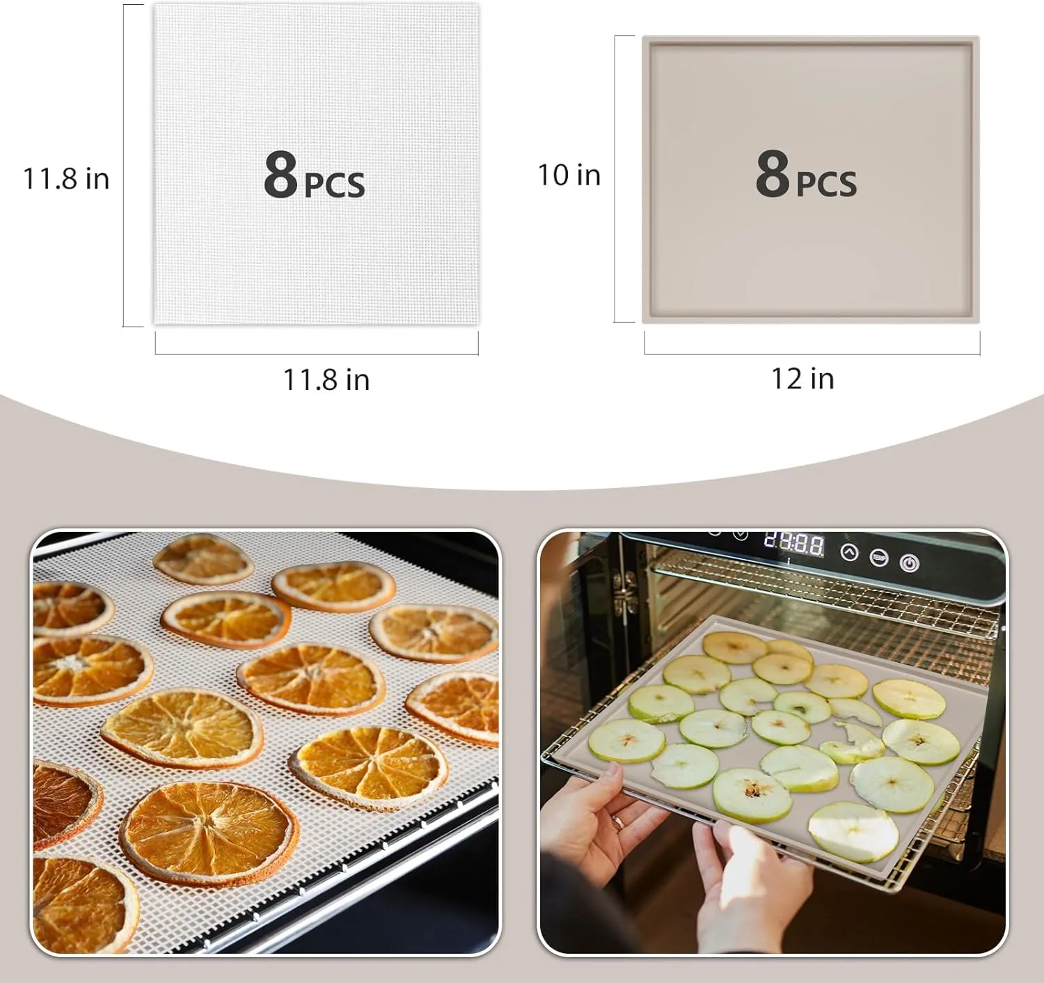 8 Pack Grey Silicone Dehydrator Trays for Liquids and 8 Pcs White Mesh Dehydrator Sheets, Nonstick Fruit Leather Trays, Multi-purpose Reusable Mats/Liners for Jerky Fruit Meat Herbs Vegetables Cracker