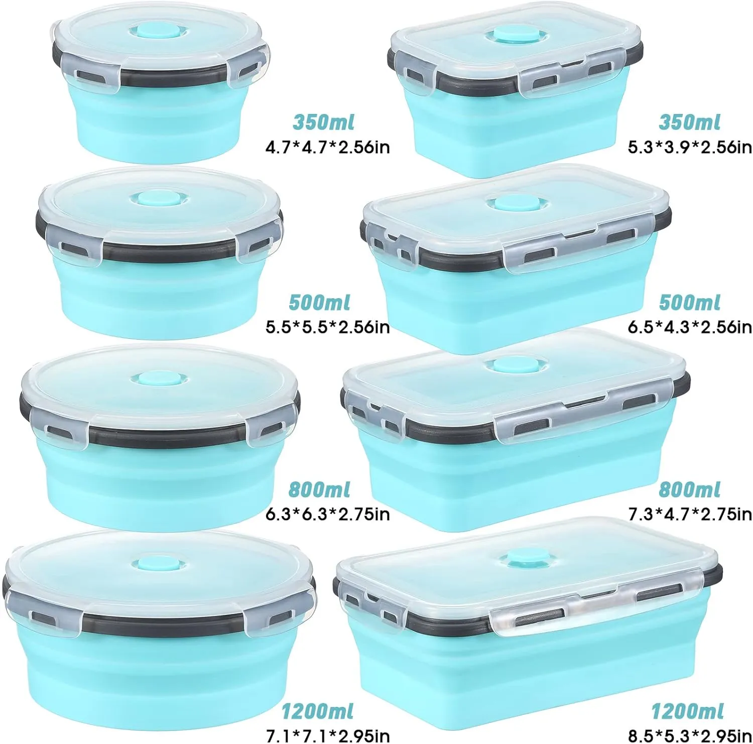 8 Pieces Collapsible Food Storage Containers Foldable Silicone Lunch Containers with Lids, 4 Pcs Silicone Rectangle Collapsible Bowls and 4 Pcs Round Food Bowls, Microwave Freezer and Dishwasher Safe
