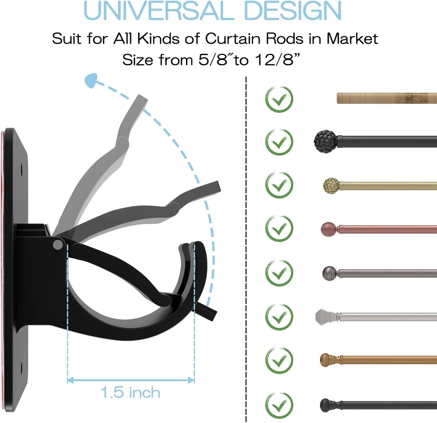 8 Pieces Self Adhesive Curtain Rod Bracket, Universal Plastic Curtain Rod Holders, No Drill Curtain Rod Brackets Curtain Rod Hooks for Bathroom, Bedroom, Livingroom, Kitchen (Black)