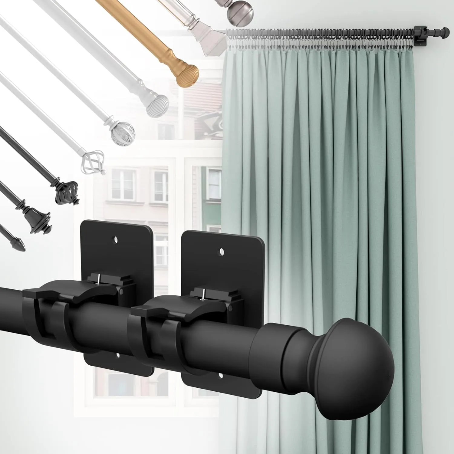 8 Pieces Self Adhesive Curtain Rod Bracket, Universal Plastic Curtain Rod Holders, No Drill Curtain Rod Brackets Curtain Rod Hooks for Bathroom, Bedroom, Livingroom, Kitchen (Black)