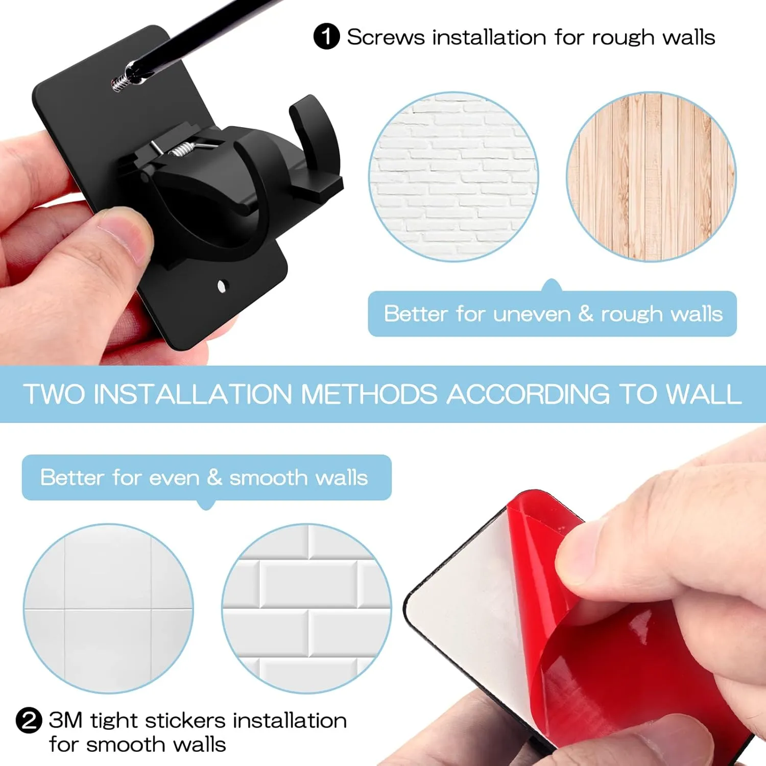 8 Pieces Self Adhesive Curtain Rod Bracket, Universal Plastic Curtain Rod Holders, No Drill Curtain Rod Brackets Curtain Rod Hooks for Bathroom, Bedroom, Livingroom, Kitchen (Black)