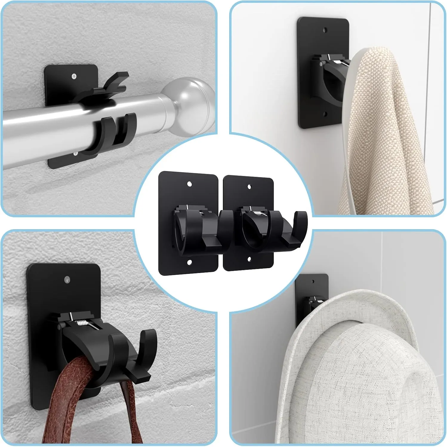 8 Pieces Self Adhesive Curtain Rod Bracket, Universal Plastic Curtain Rod Holders, No Drill Curtain Rod Brackets Curtain Rod Hooks for Bathroom, Bedroom, Livingroom, Kitchen (Black)
