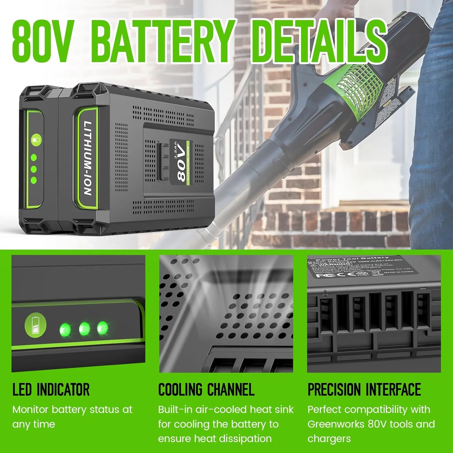 80V 3.5Ah Lithium Battery Replace for Greenworks 80V Battery GBA80400 GBA80250 GBA80200, 3500mAh High Capacity, Fit for Greenworks 80 Volt Power Tools PW80L420 TL80L00 LMB407 PS80L00
