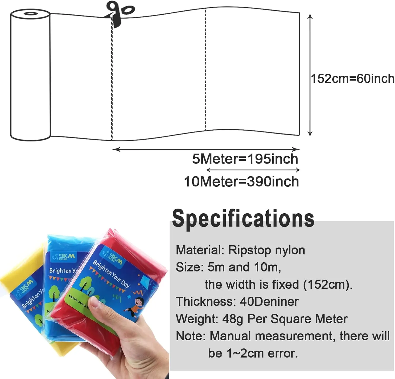 9KM DWLIFE Nylon Ripstop Fabric, FluorescentGreen 60x196 Inch, 40D Waterproof, Lightweight, Windproof, Bulk Fabric for Kite, Tent, Flag, Bag, Tarp Cover, Outdoor DIY Project