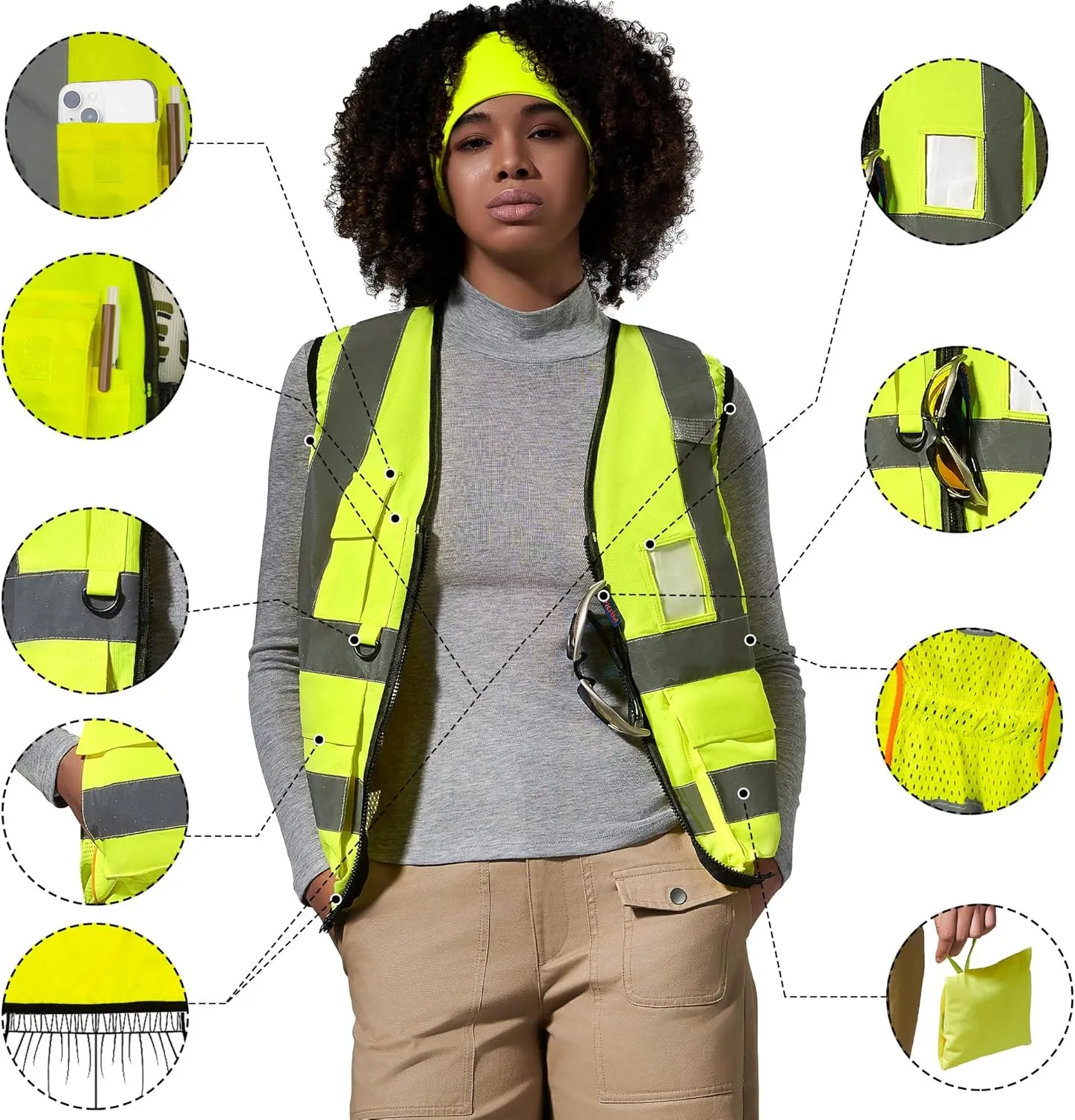 A-SAFETY High Vis Safety Vest for Women - Reflective Strips, Multi-Pockets, Zipper Closure