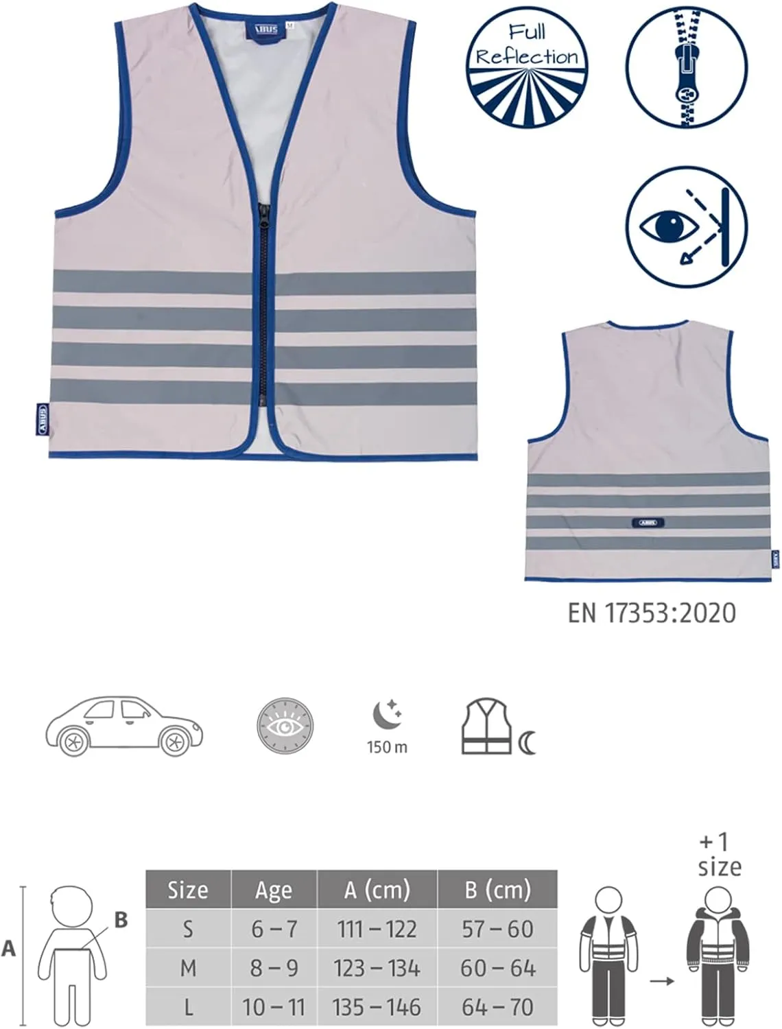 Abus Lumino Urban Vest Kids Safety Vest - Fully Reflective Safety Vest for Better Night Visibility - with Zip