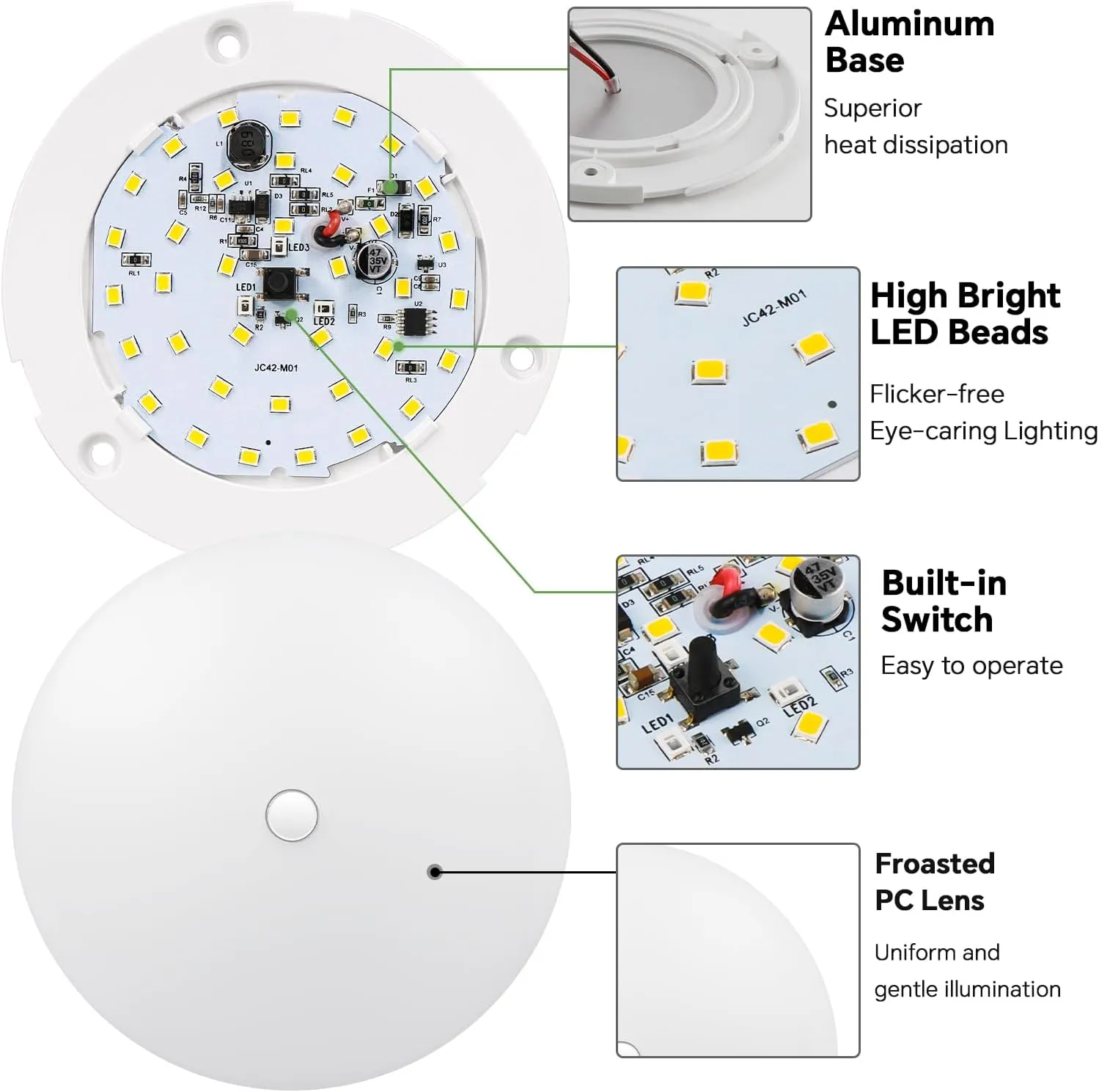 acegoo RV Ceiling Dome Light 4.5 Inch 12V Overhead LED Puck Light for Motorhome Boat Camper Trailer Truck Car, Surface Mount CRI90  6-Pack (3000K with Blue Nightlight)