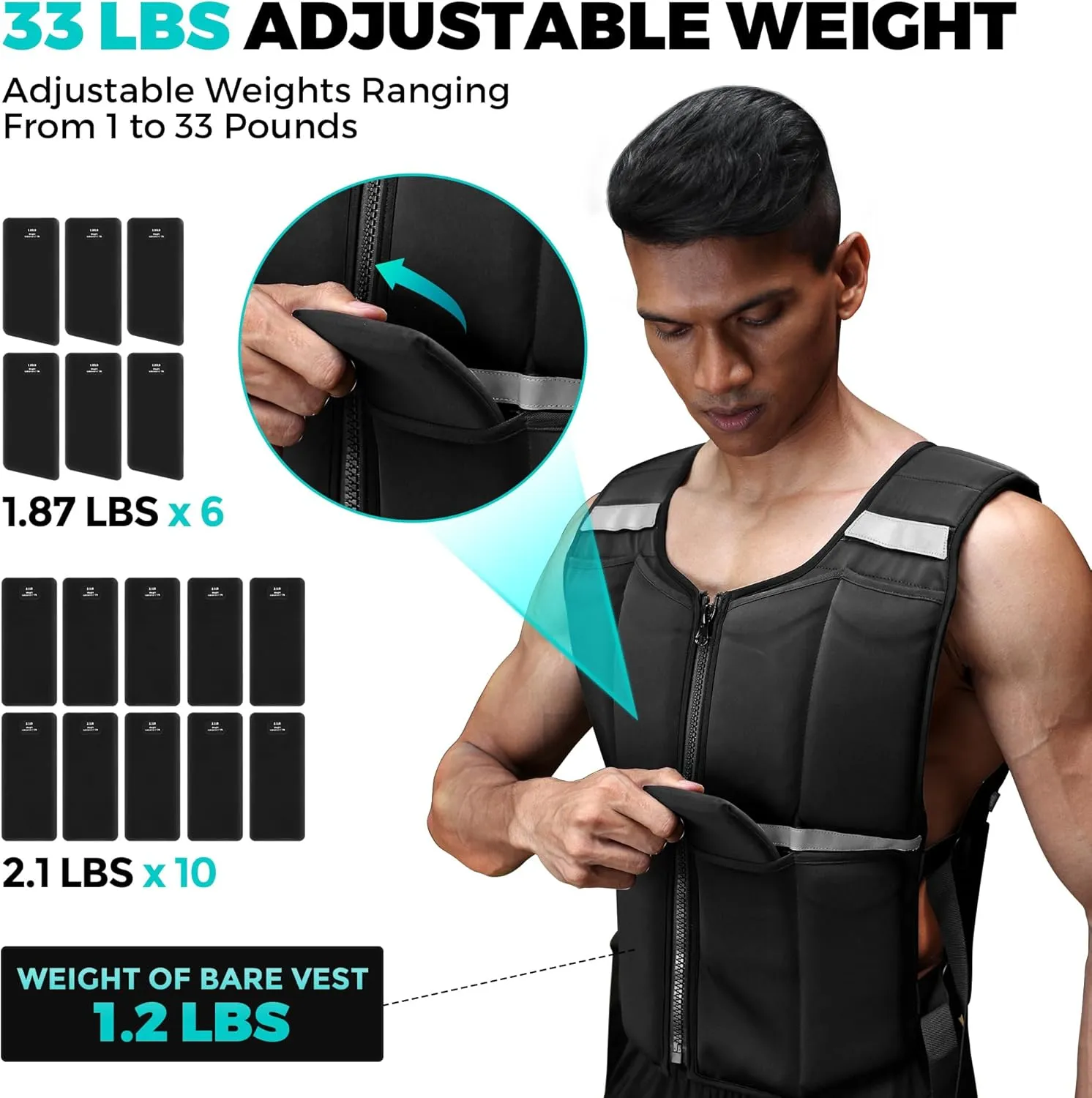 Adjustable Weighted Vest Men 2-35 lbs/2-45 lbs, Rucking Vests for Walking with Zipper/16pcs Silicone Weights, US PATENT Strength Training Workout Vest for Running GYM Home, Removable Reflective Strips