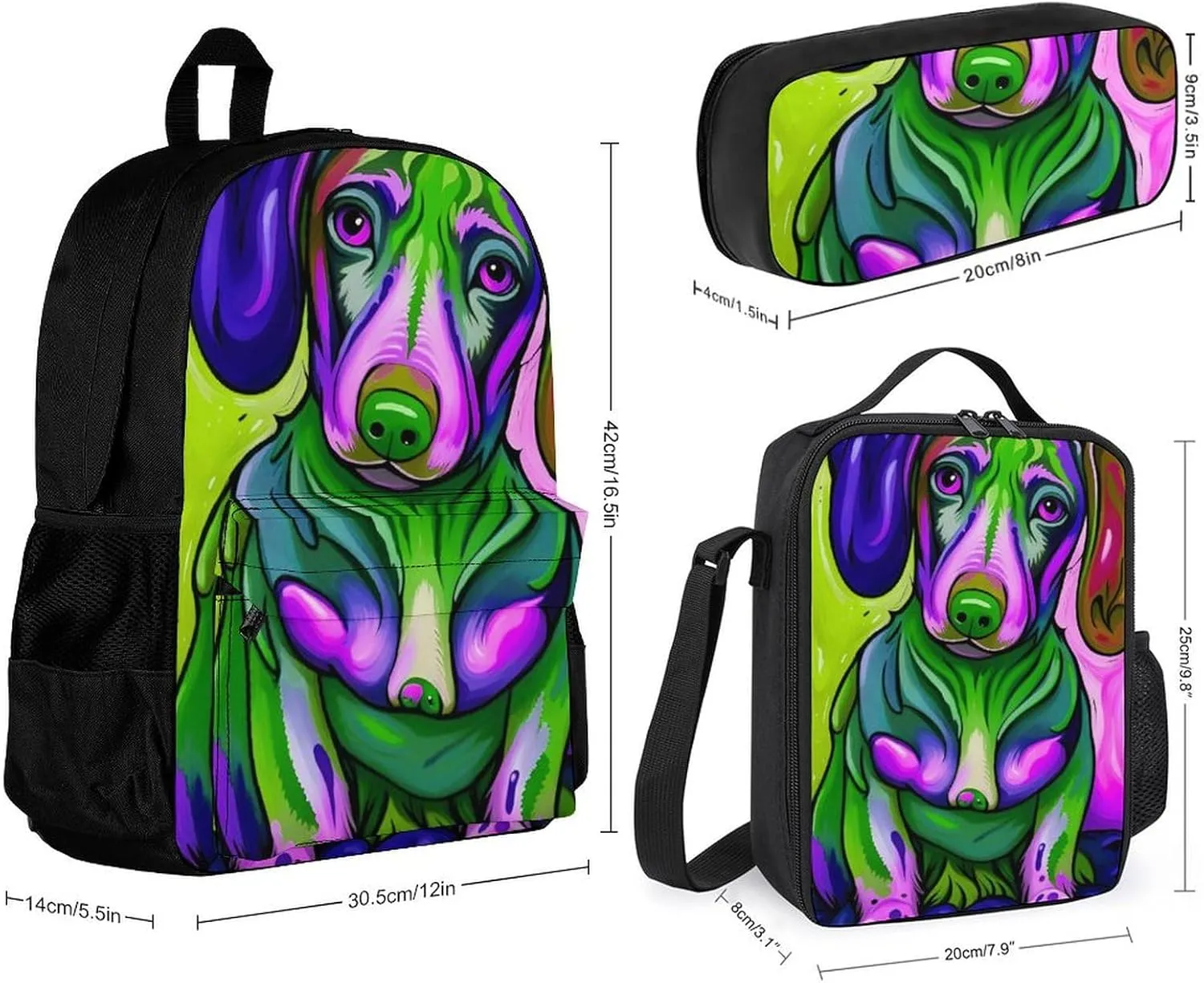 Adults Daypack - Sausage Dog Dachshund Art Shoulder Bag 3 Piece College Daypack Travel Hiking Backpack, 3 Piece Climbing Shoulder Bag
