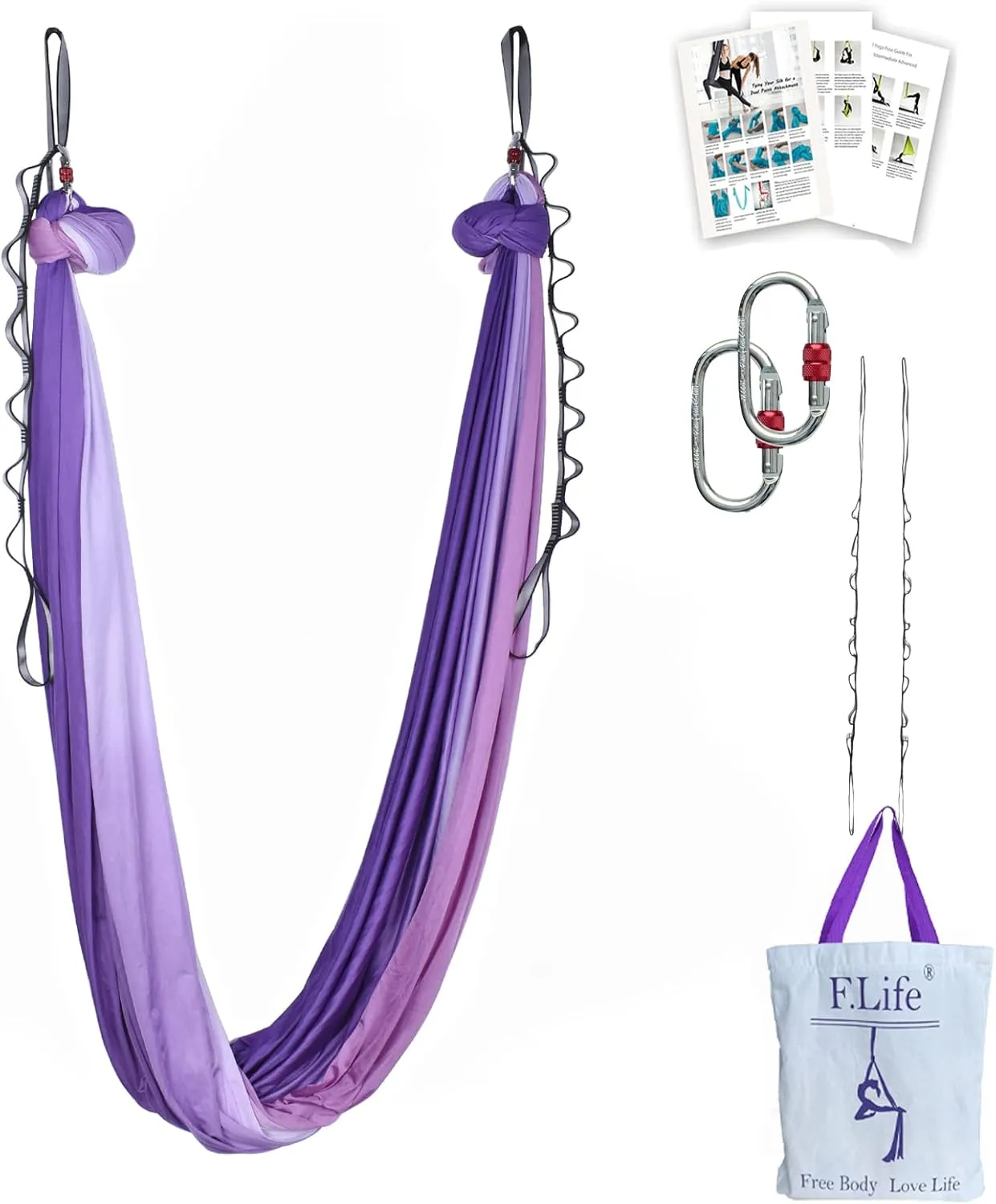 Aerial Yoga Hammock kit- Yoga Swing Multicolor 5 yards-Flying Yoga Include Daisy Chain,Carabiner and Pose Guide