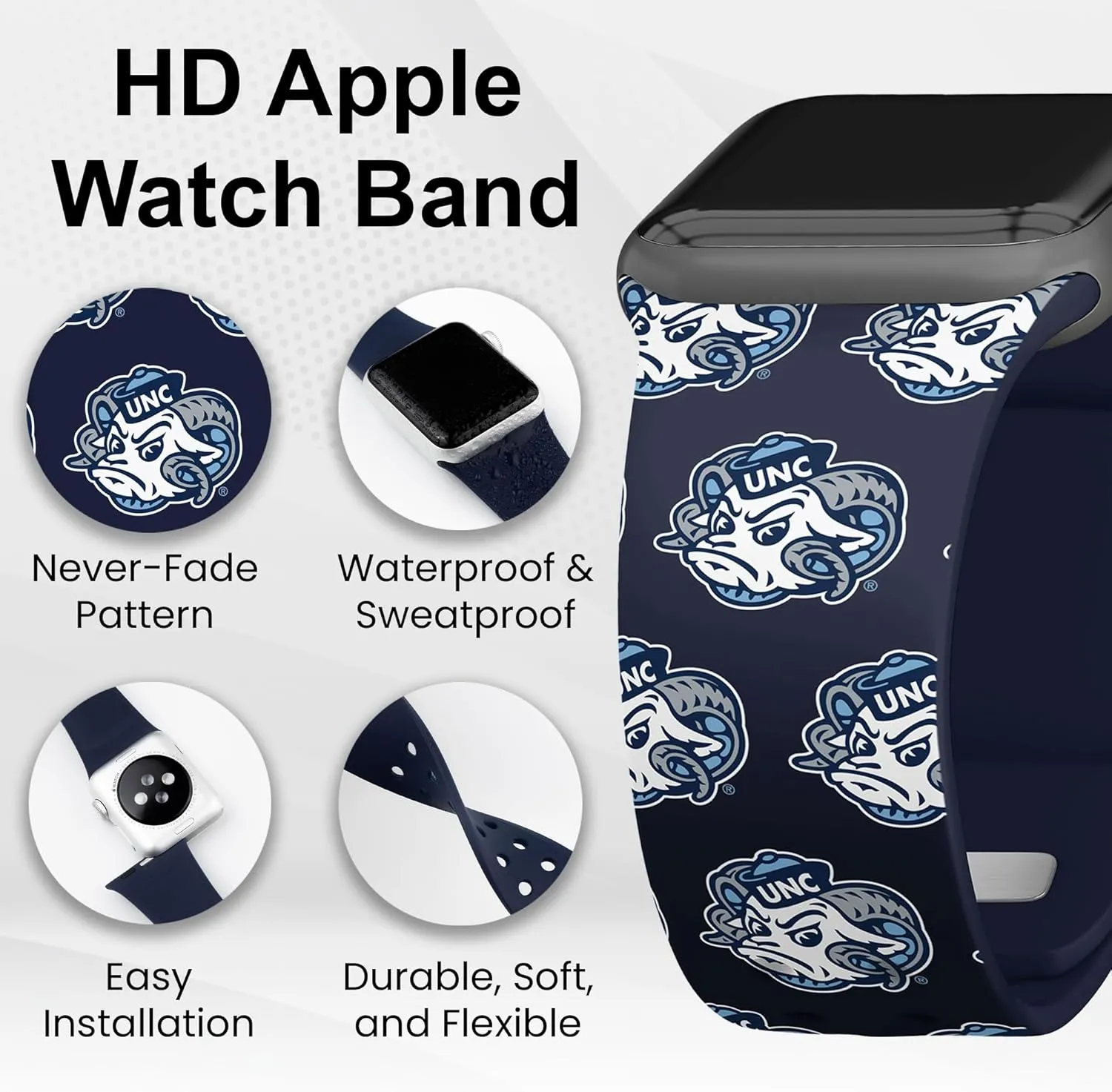Affinity Bands North Carolina Tar Heels HD Combo Package Compatible with Apple Watch and AirPods Gen 1 & 2 (Repeating)