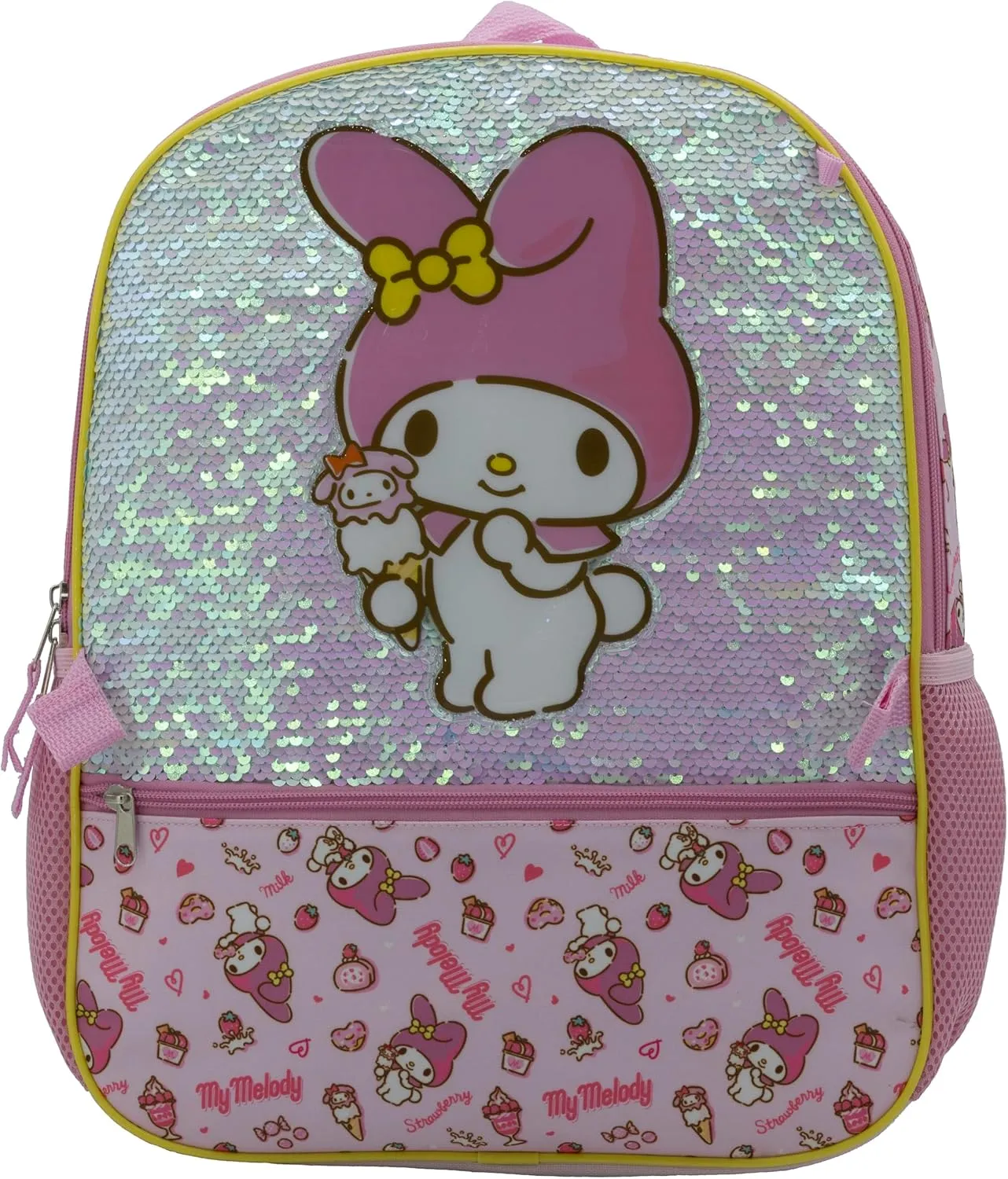 AI ACCESSORY INNOVATIONS Hello Kitty My Melody 5 Piece Backpack Set, Kawaii Flip Sequin Anime School Bag for Girls with Zip Front Pocket, Pink