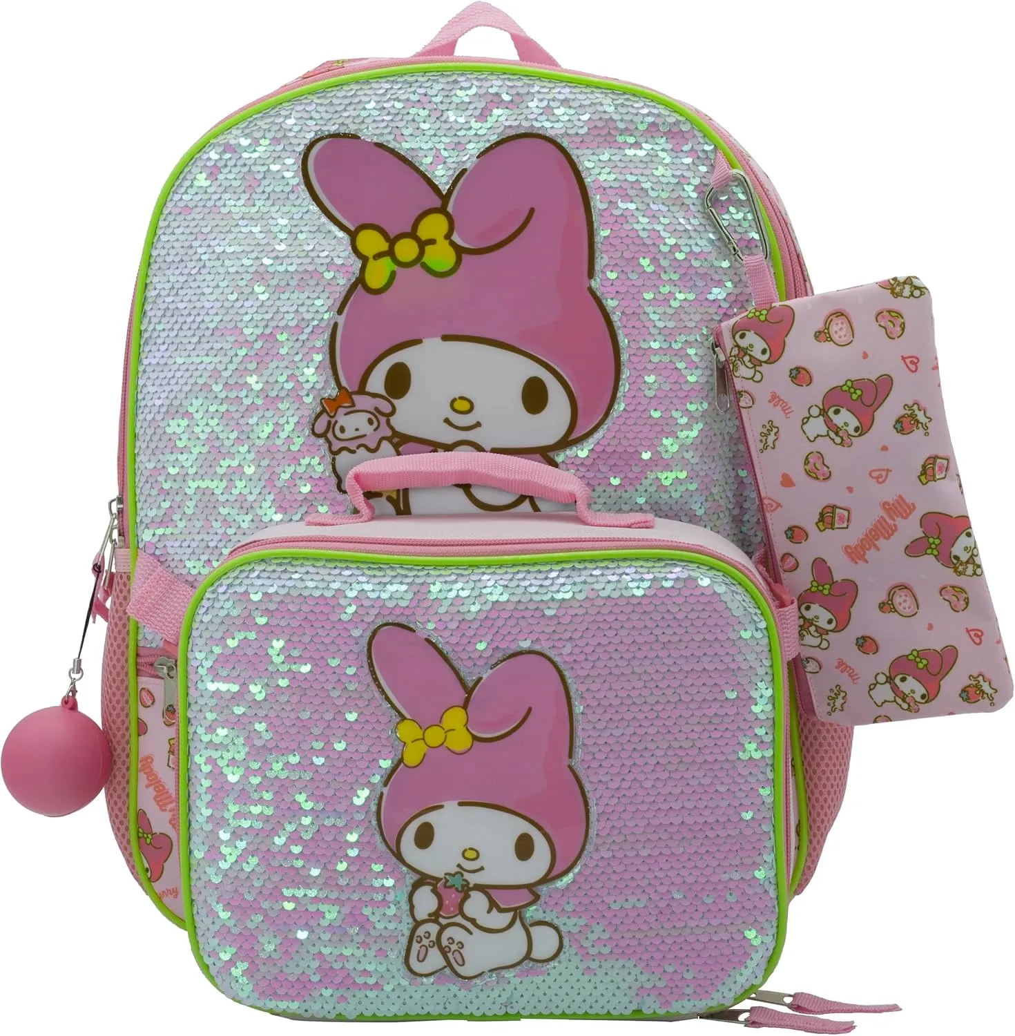 AI ACCESSORY INNOVATIONS Hello Kitty My Melody 5 Piece Backpack Set, Kawaii Flip Sequin Anime School Bag for Girls with Zip Front Pocket, Pink