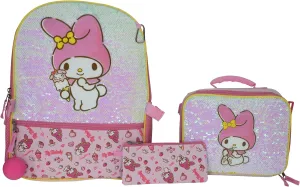 AI ACCESSORY INNOVATIONS Hello Kitty My Melody 5 Piece Backpack Set, Kawaii Flip Sequin Anime School Bag for Girls with Zip Front Pocket, Pink