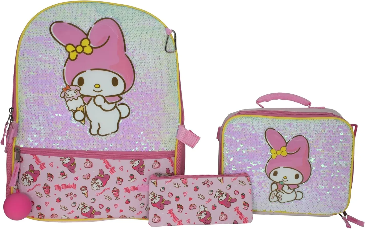 AI ACCESSORY INNOVATIONS Hello Kitty My Melody 5 Piece Backpack Set, Kawaii Flip Sequin Anime School Bag for Girls with Zip Front Pocket, Pink