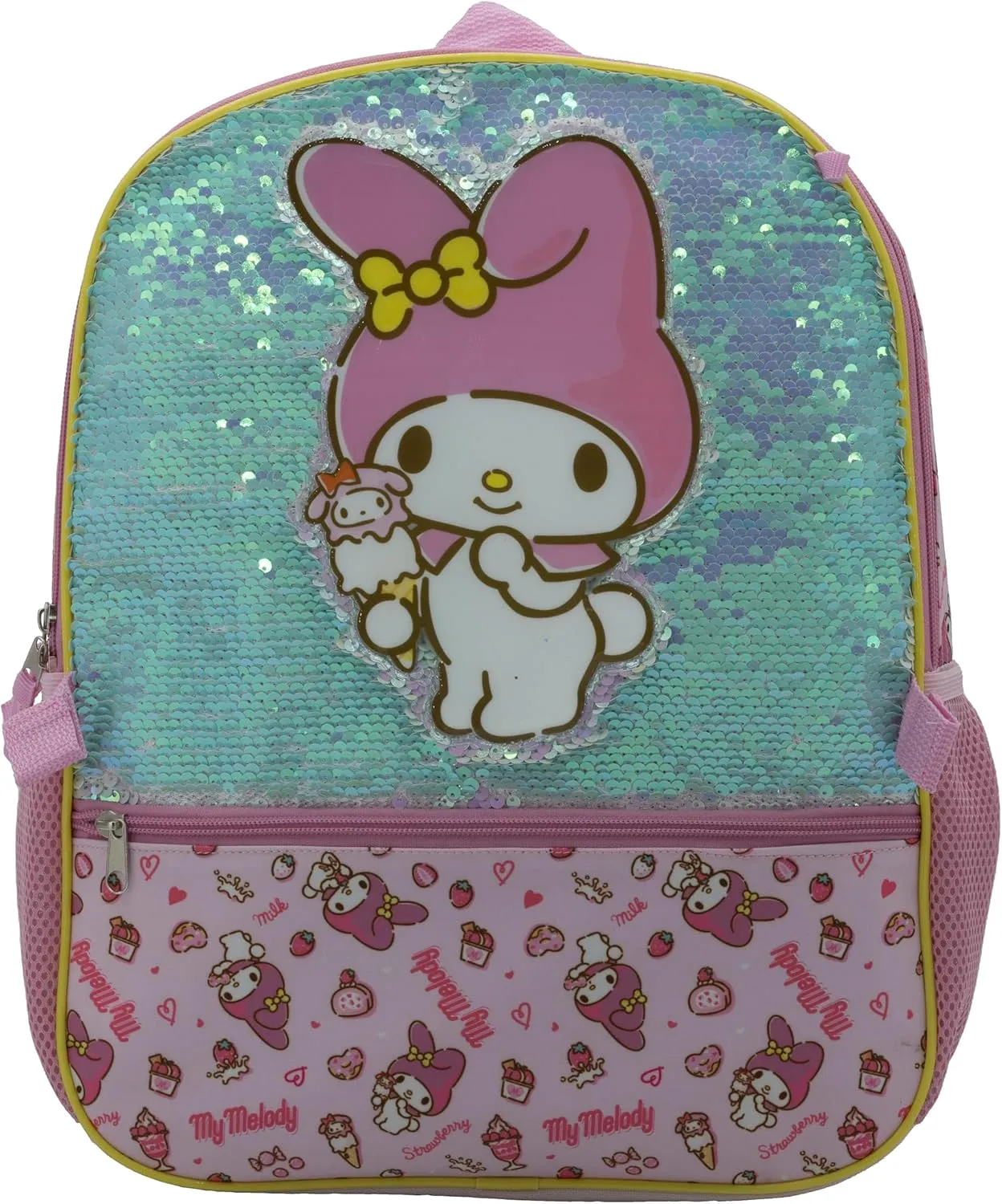 AI ACCESSORY INNOVATIONS Hello Kitty My Melody 5 Piece Backpack Set, Kawaii Flip Sequin Anime School Bag for Girls with Zip Front Pocket, Pink