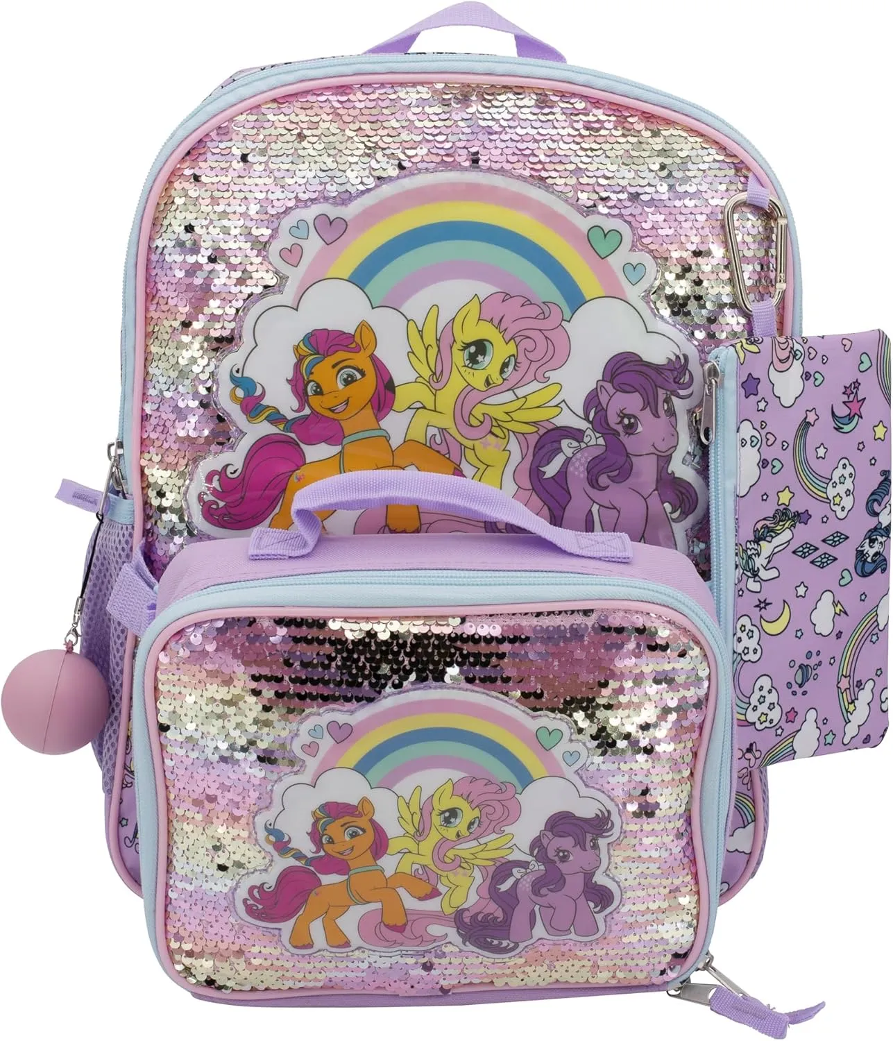 AI ACCESSORY INNOVATIONS My Little Pony 5 Piece Backpack Set, MLP Bookbag, Rainbow Flip Sequins 16” School Bag, Purple & Pink