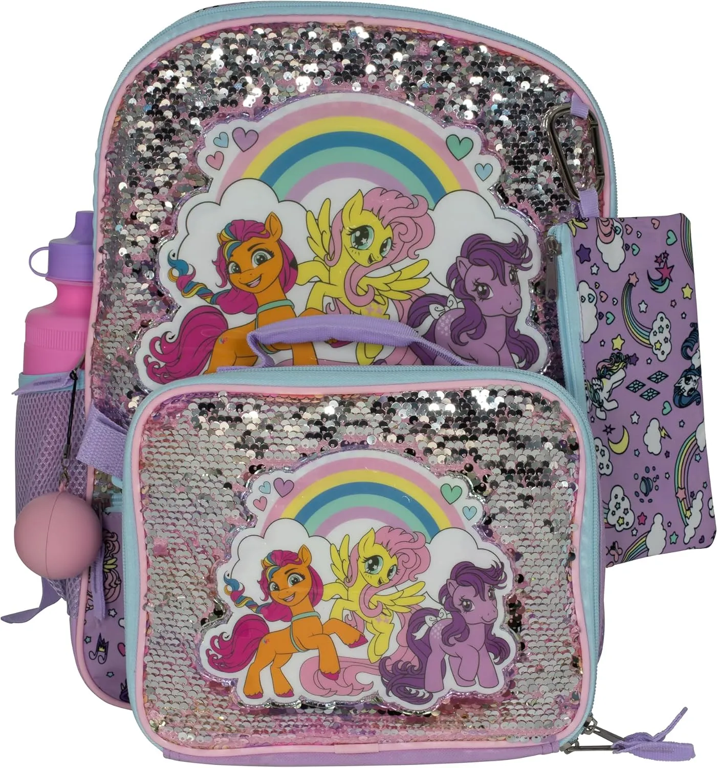 AI ACCESSORY INNOVATIONS My Little Pony 5 Piece Backpack Set, MLP Bookbag, Rainbow Flip Sequins 16” School Bag, Purple & Pink