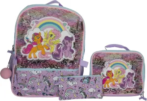 AI ACCESSORY INNOVATIONS My Little Pony 5 Piece Backpack Set, MLP Bookbag, Rainbow Flip Sequins 16” School Bag, Purple & Pink