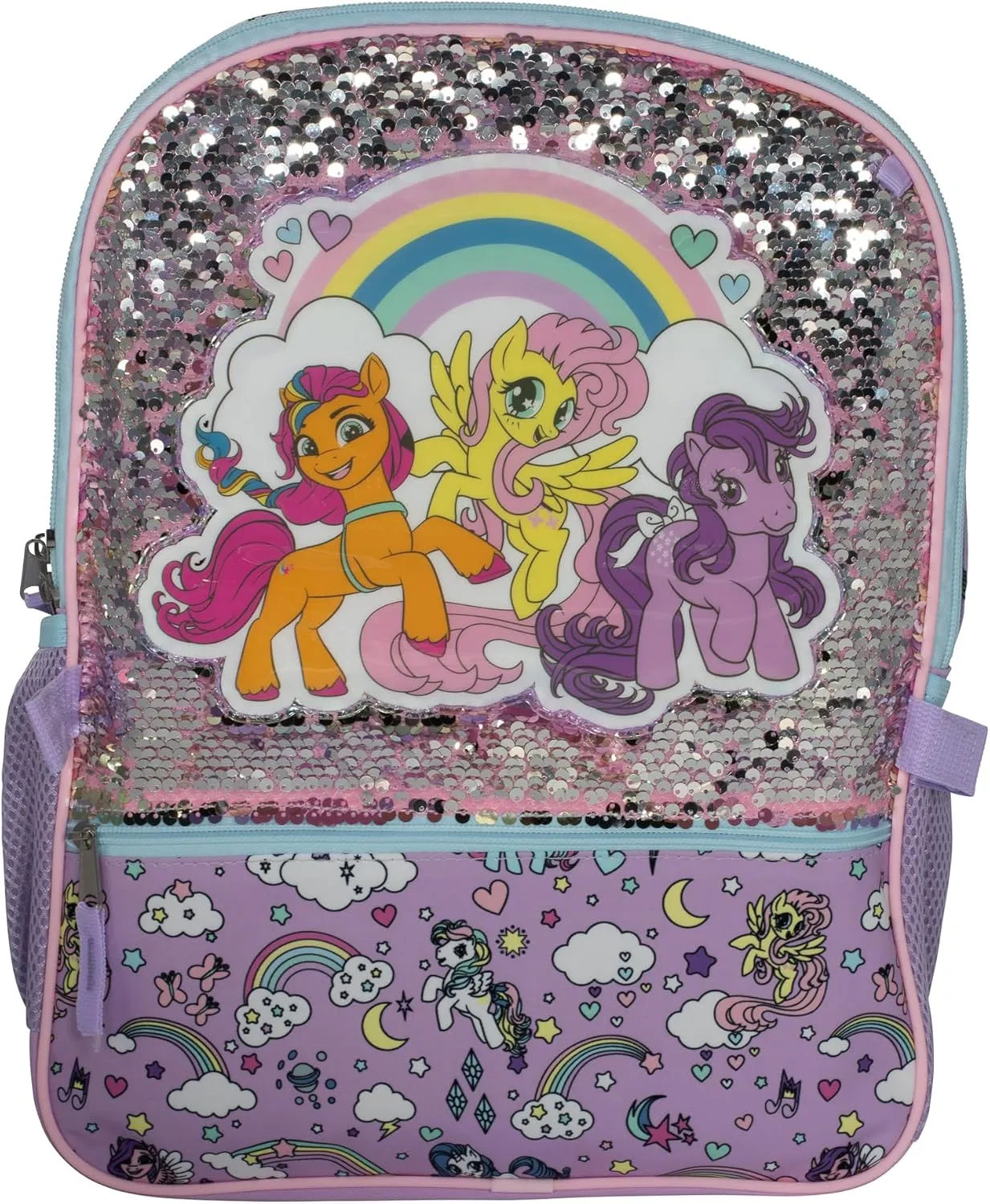 AI ACCESSORY INNOVATIONS My Little Pony 5 Piece Backpack Set, MLP Bookbag, Rainbow Flip Sequins 16” School Bag, Purple & Pink