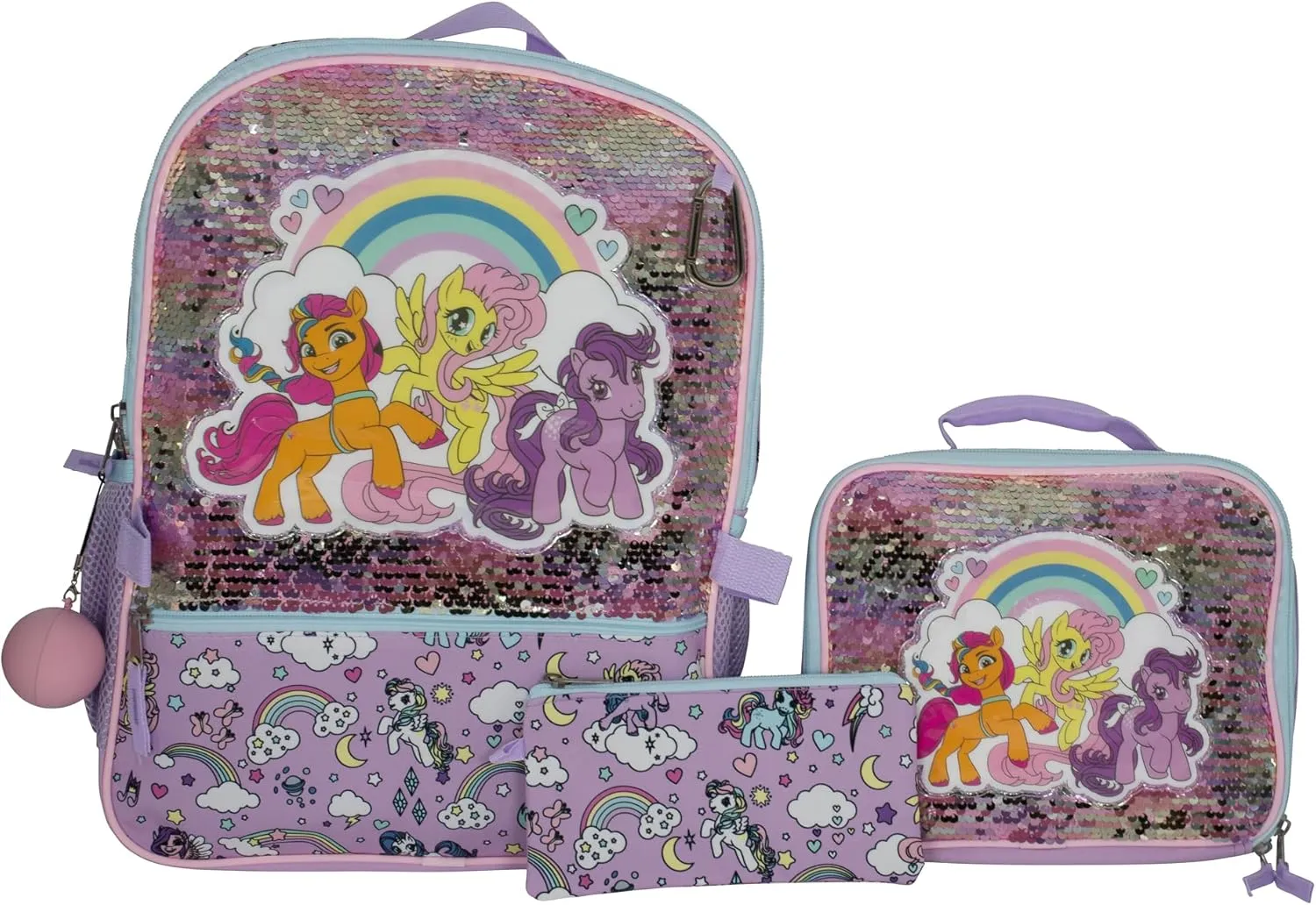 AI ACCESSORY INNOVATIONS My Little Pony 5 Piece Backpack Set, MLP Bookbag, Rainbow Flip Sequins 16” School Bag, Purple & Pink