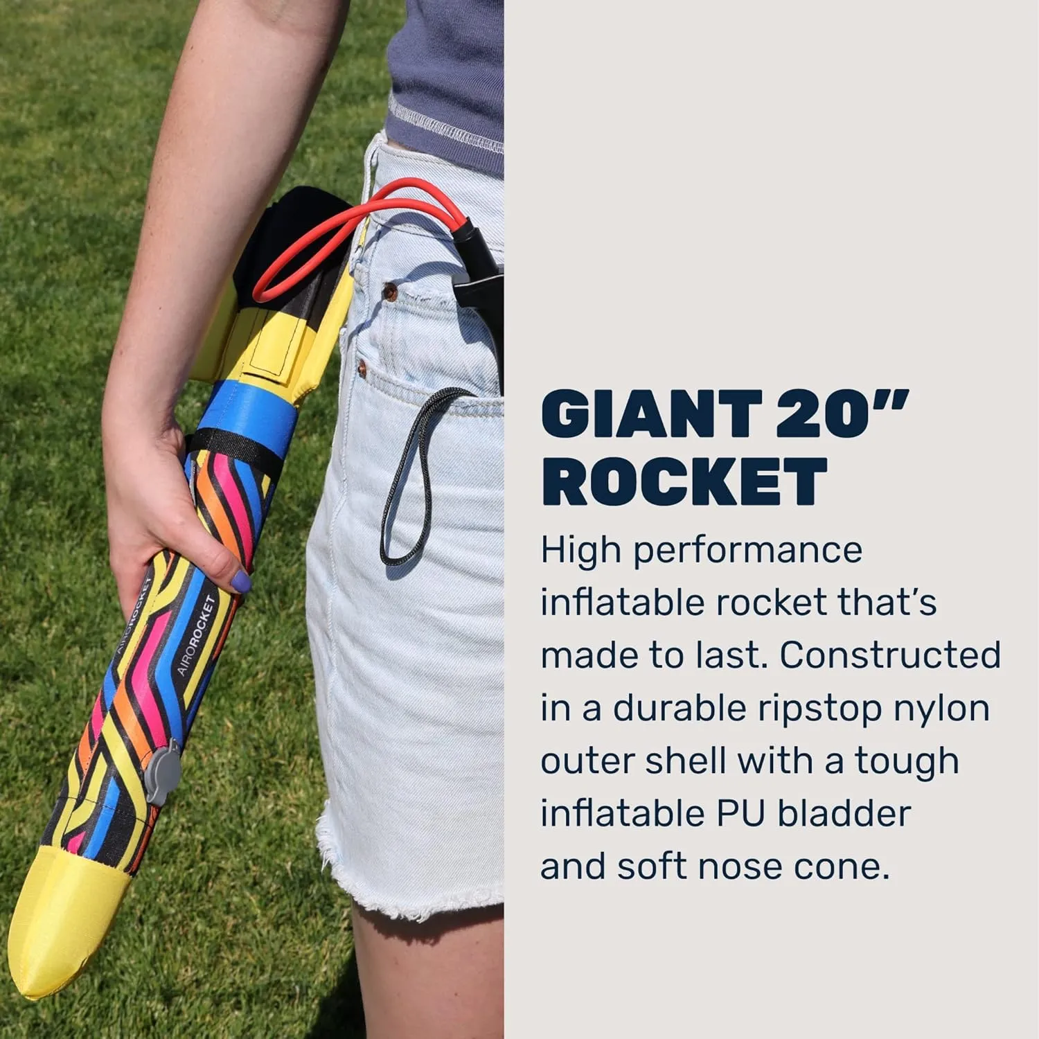Airo Rocket Hand Launched Inflatable Kit - Includes Giant 20 Inch Ripstop Nylon Rocket, Hand Launcher and Storage Bag - Soars 150 Feet - Ages 6 